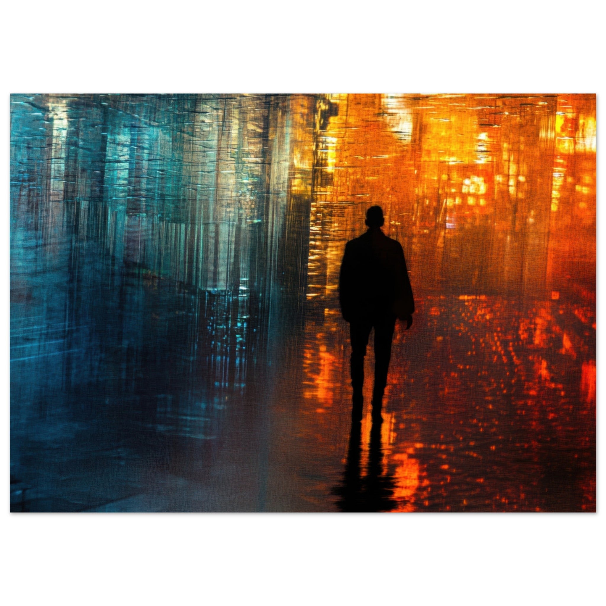 Aluminum Print Landscape - A lonely figure walks the rain - drenched streets - Shop Ai Art WebShop - Digital Art online Store