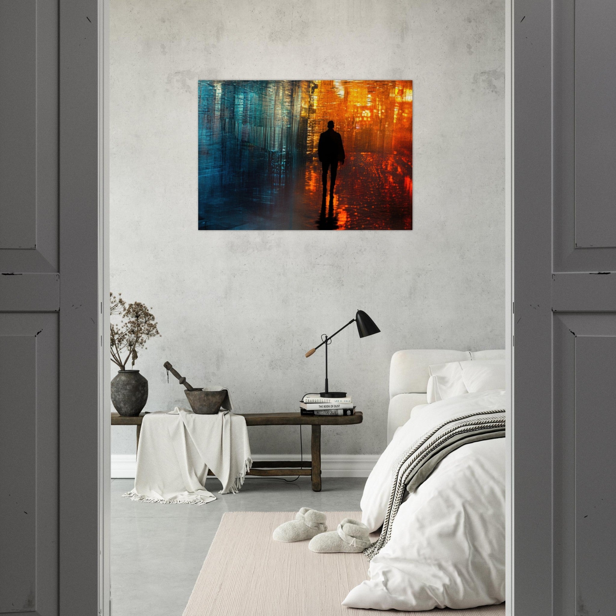 Aluminum Print Landscape - A lonely figure walks the rain - drenched streets - Shop Ai Art WebShop - Digital Art online Store