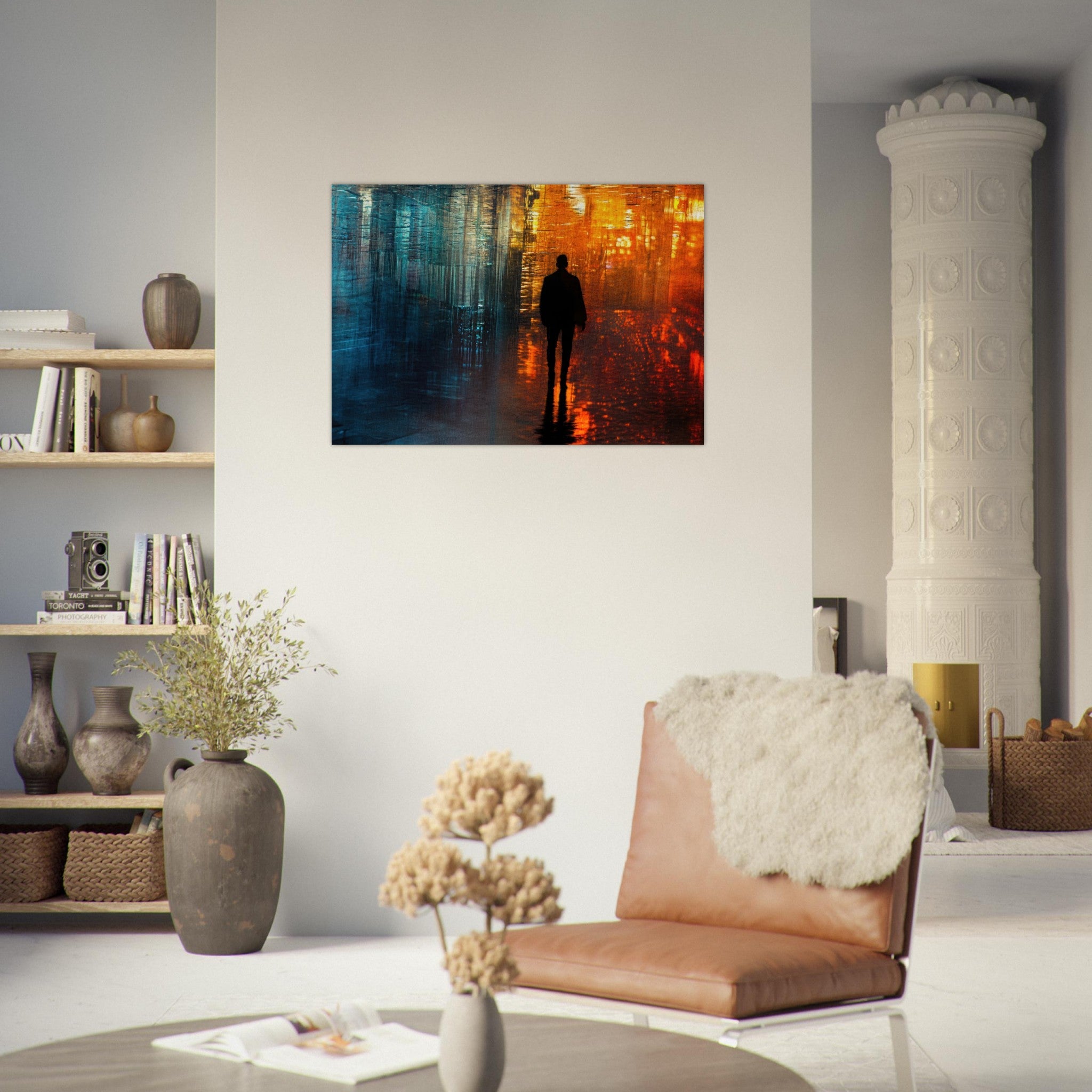 Aluminum Print Landscape - A lonely figure walks the rain - drenched streets - Shop Ai Art WebShop - Digital Art online Store