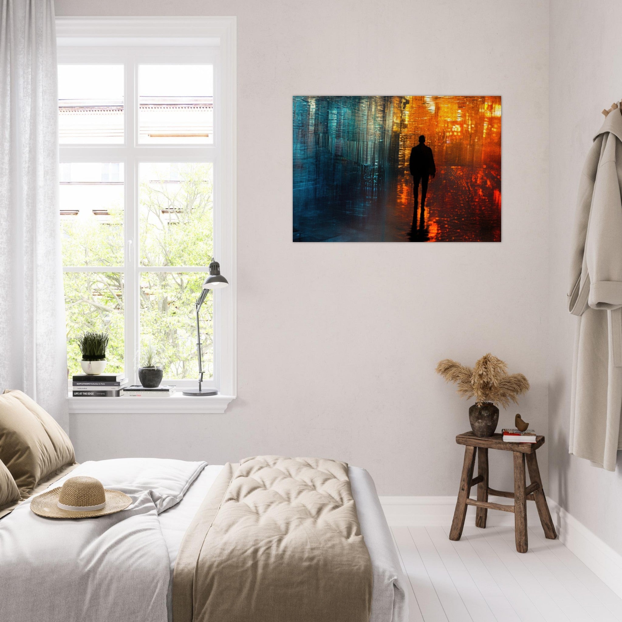 Aluminum Print Landscape - A lonely figure walks the rain - drenched streets - Shop Ai Art WebShop - Digital Art online Store