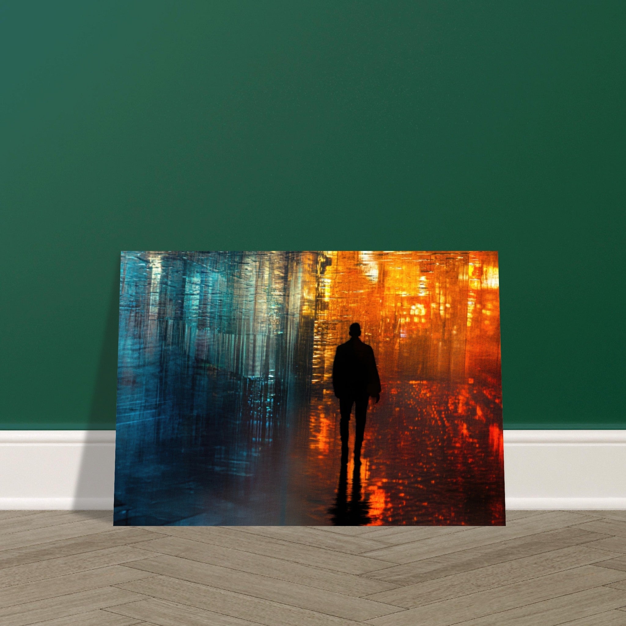 Aluminum Print Landscape - A lonely figure walks the rain - drenched streets - Shop Ai Art WebShop - Digital Art online Store