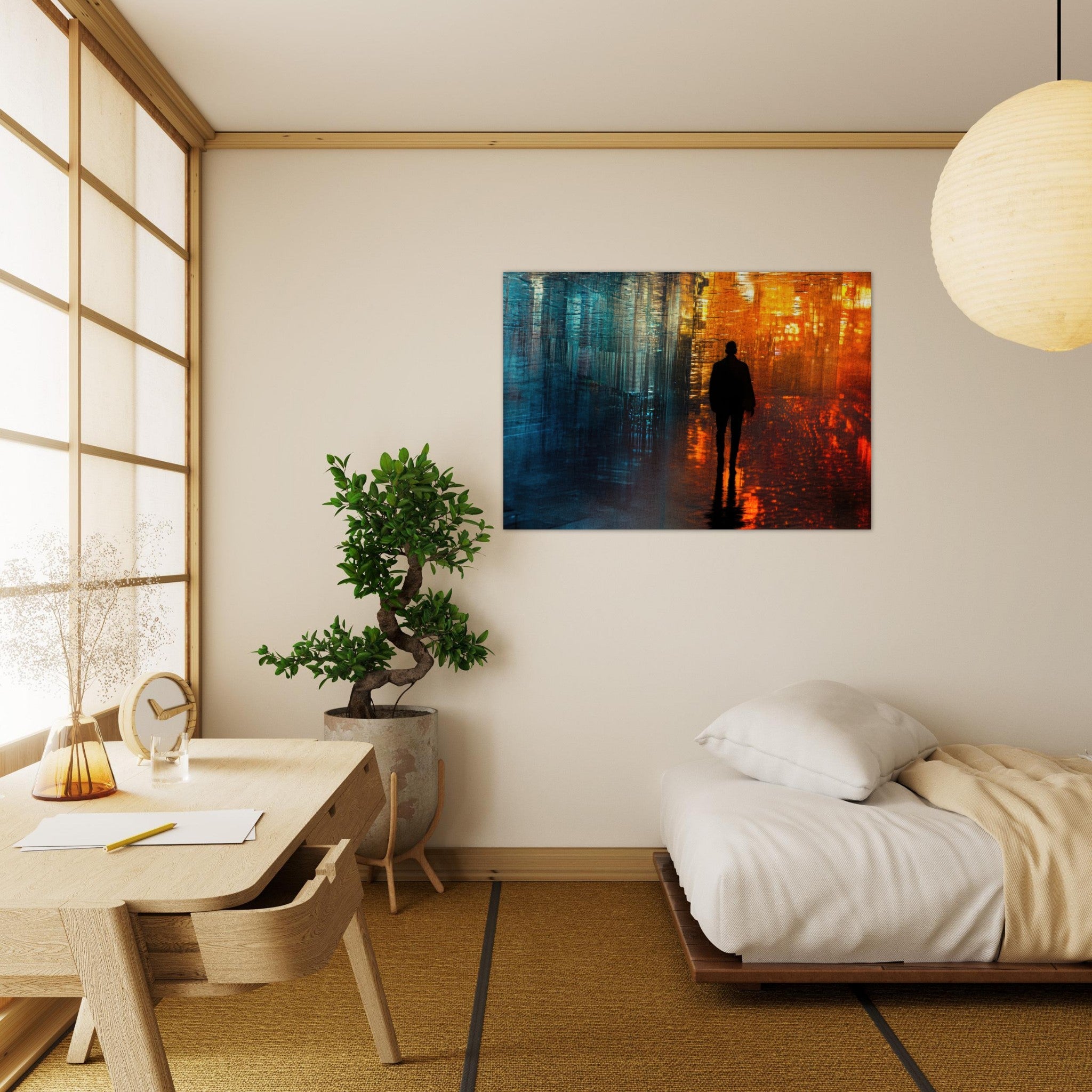 Aluminum Print Landscape - A lonely figure walks the rain - drenched streets - Shop Ai Art WebShop - Digital Art online Store