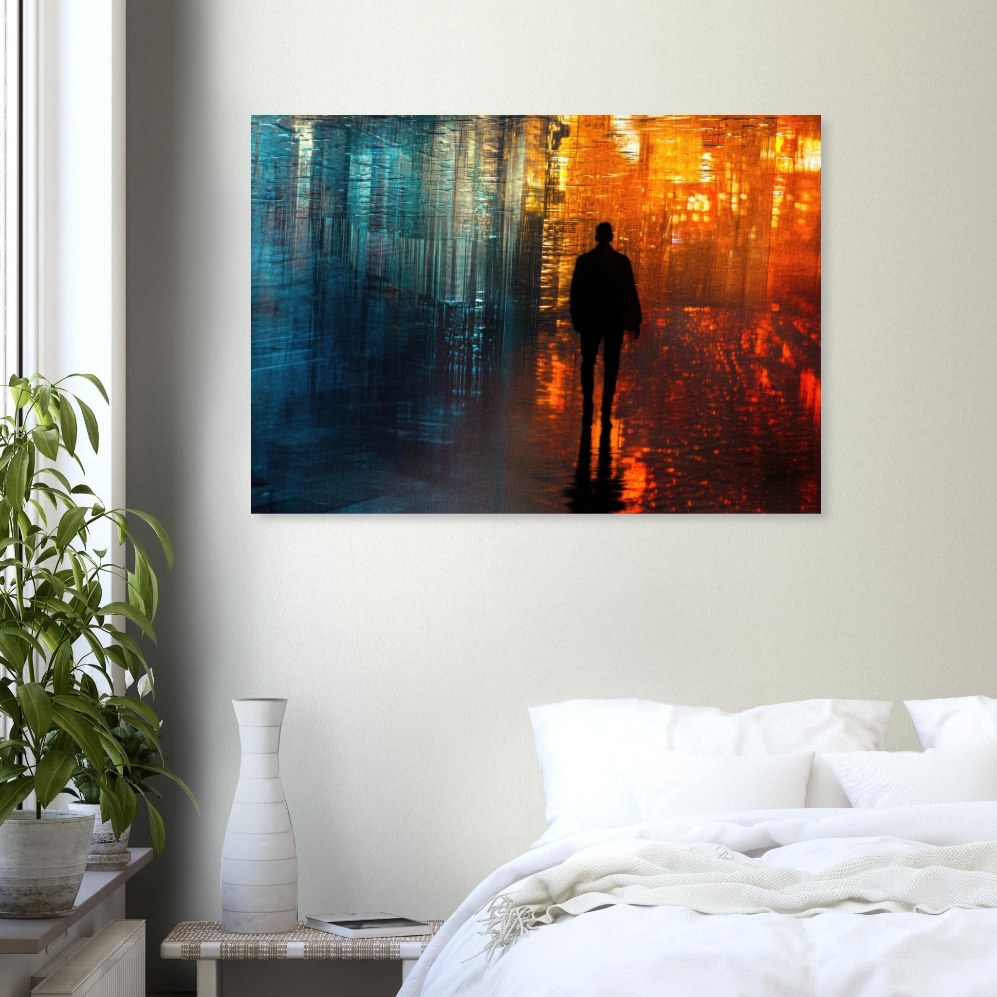 Aluminum Print Landscape - A lonely figure walks the rain - drenched streets - Shop Ai Art WebShop - Digital Art online Store