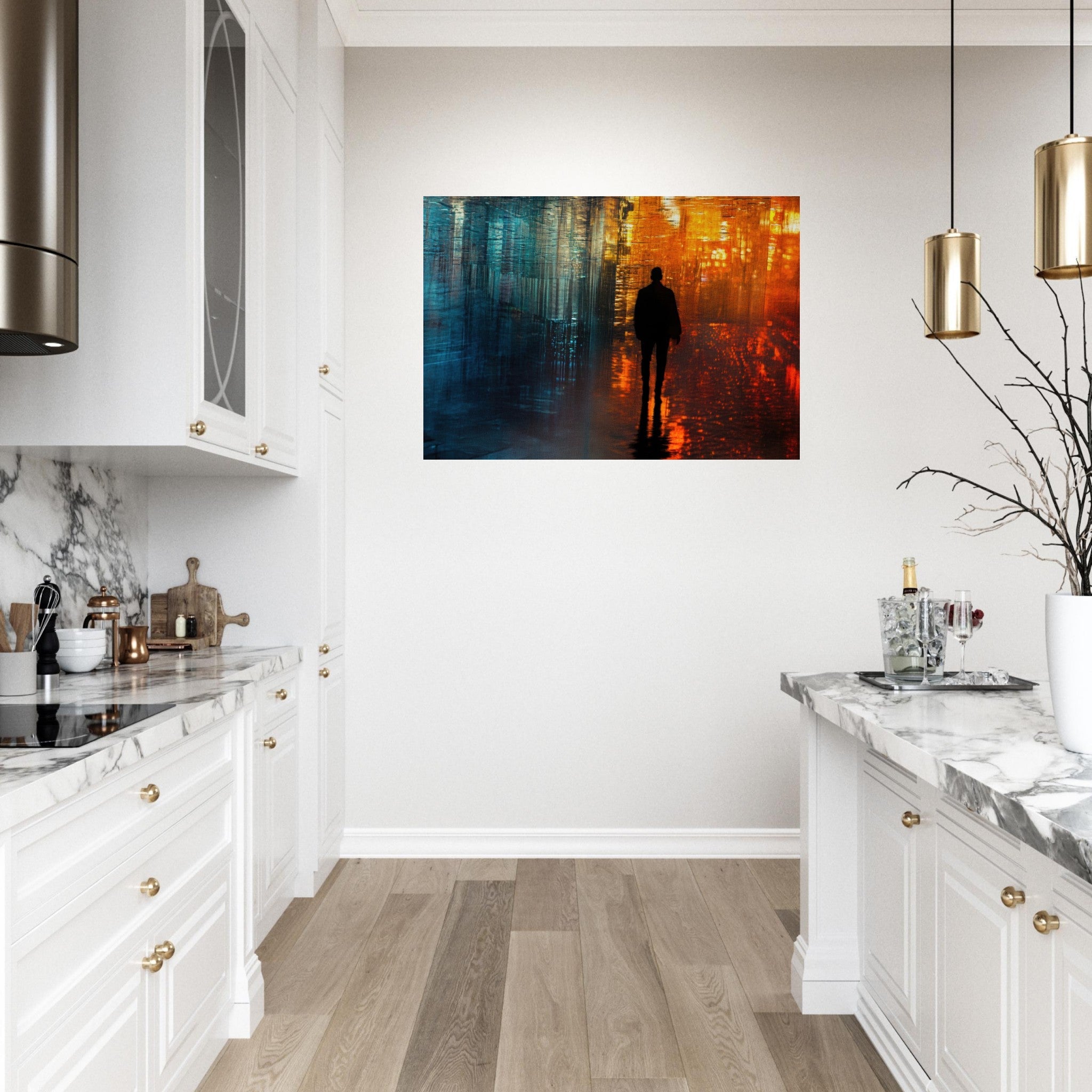 Aluminum Print Landscape - A lonely figure walks the rain - drenched streets - Shop Ai Art WebShop - Digital Art online Store