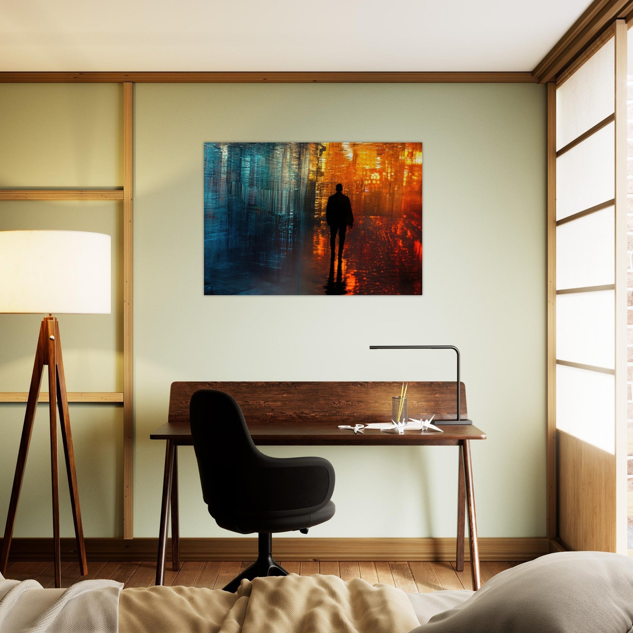 Aluminum Print Landscape - A lonely figure walks the rain - drenched streets - Shop Ai Art WebShop - Digital Art online Store
