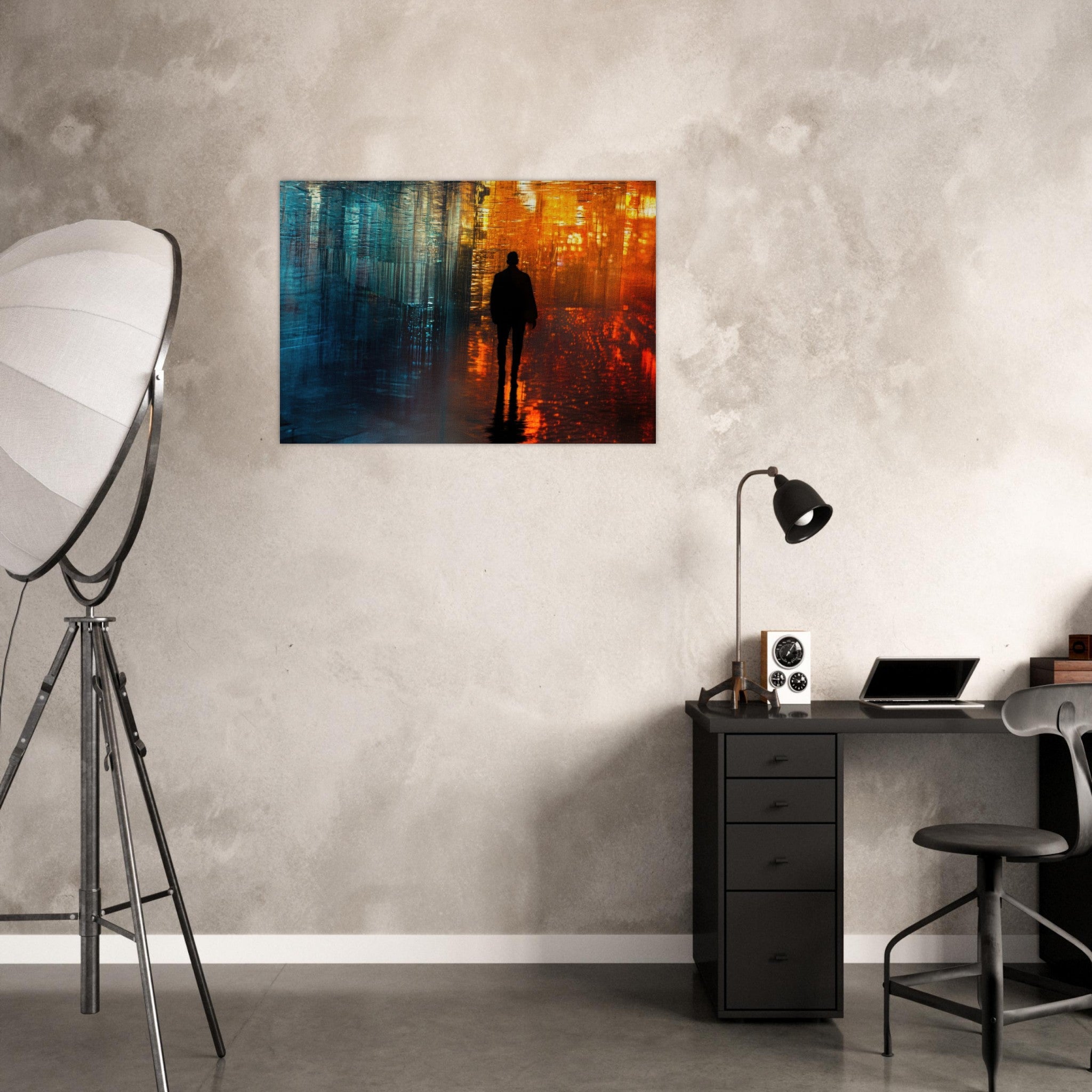 Aluminum Print Landscape - A lonely figure walks the rain - drenched streets - Shop Ai Art WebShop - Digital Art online Store