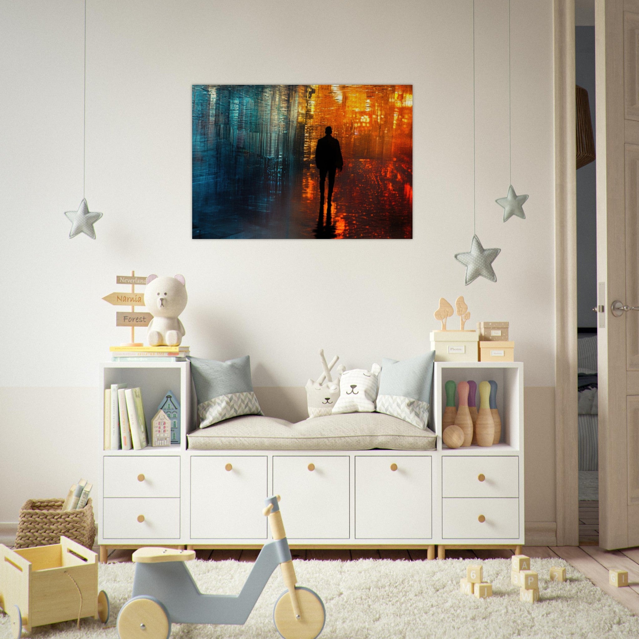 Aluminum Print Landscape - A lonely figure walks the rain - drenched streets - Shop Ai Art WebShop - Digital Art online Store
