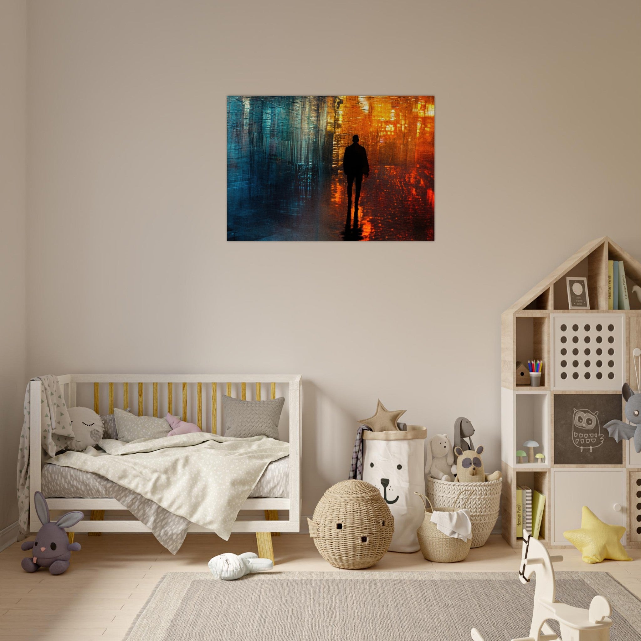 Aluminum Print Landscape - A lonely figure walks the rain - drenched streets - Shop Ai Art WebShop - Digital Art online Store
