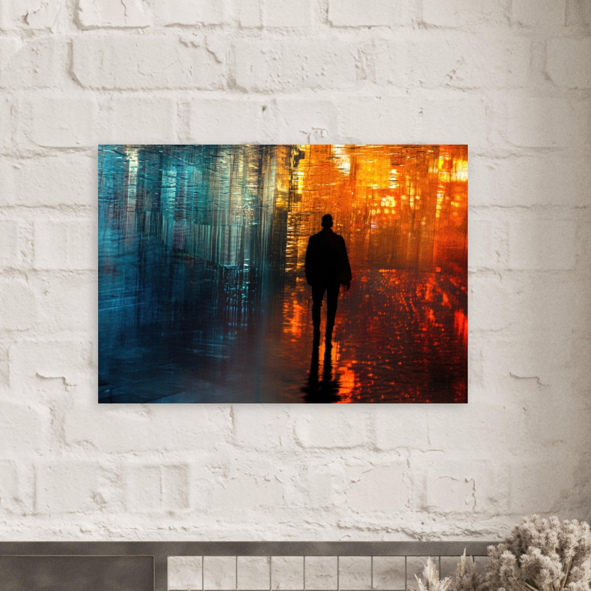 Aluminum Print Landscape - A lonely figure walks the rain - drenched streets - Shop Ai Art WebShop - Digital Art online Store