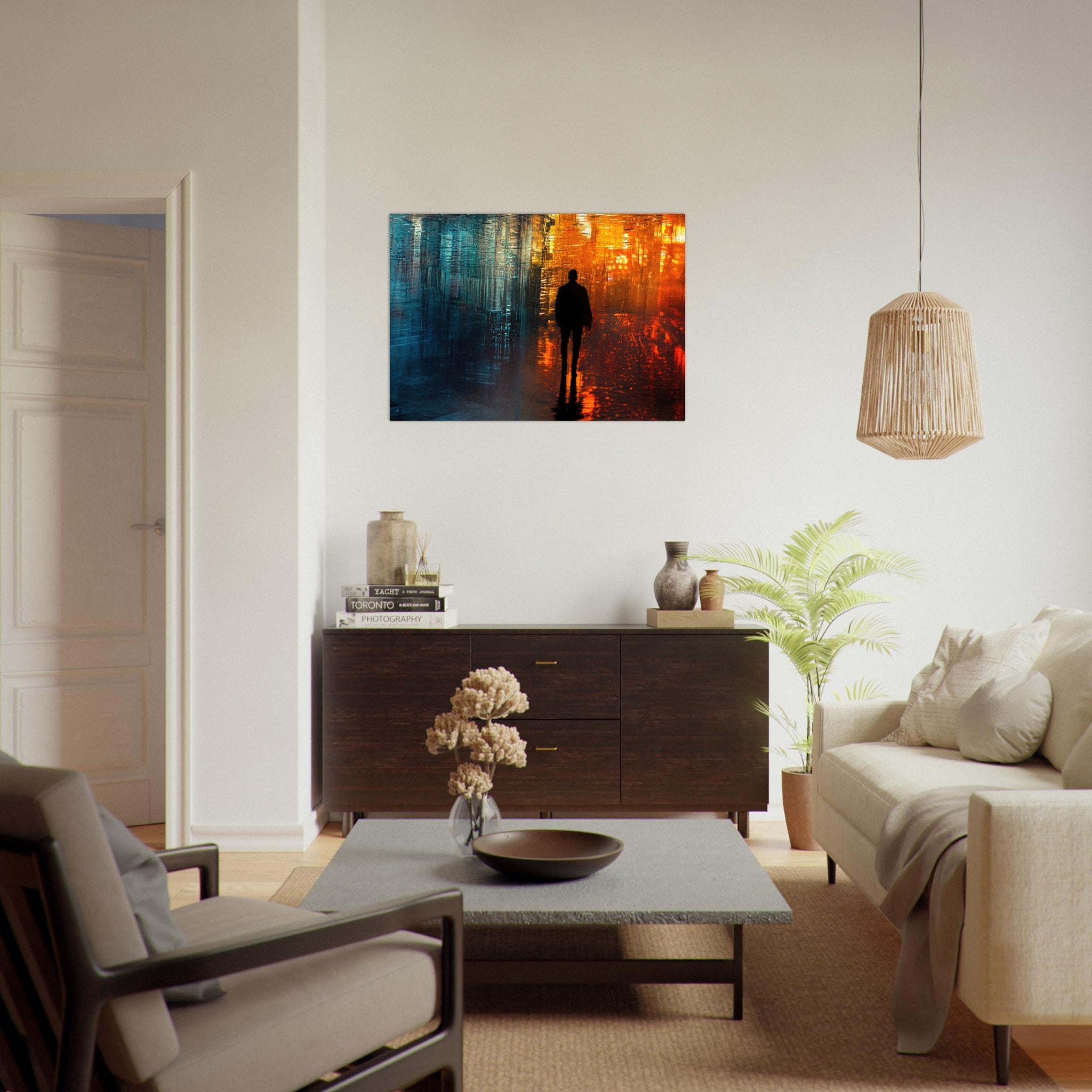 Aluminum Print Landscape - A lonely figure walks the rain - drenched streets - Shop Ai Art WebShop - Digital Art online Store