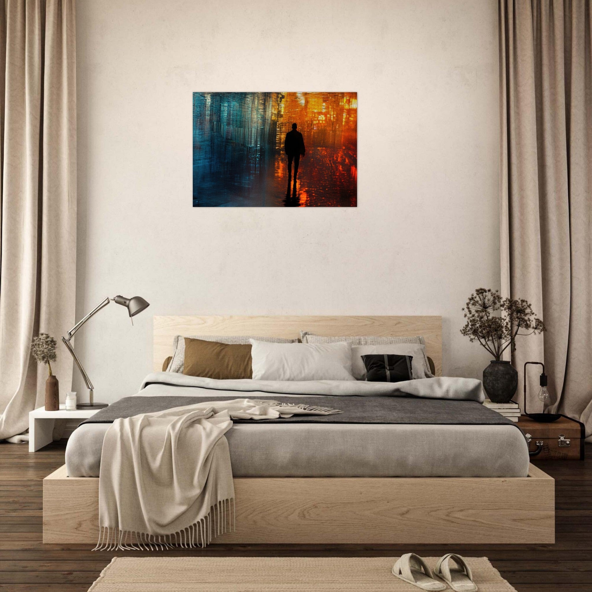 Aluminum Print Landscape - A lonely figure walks the rain - drenched streets - Shop Ai Art WebShop - Digital Art online Store
