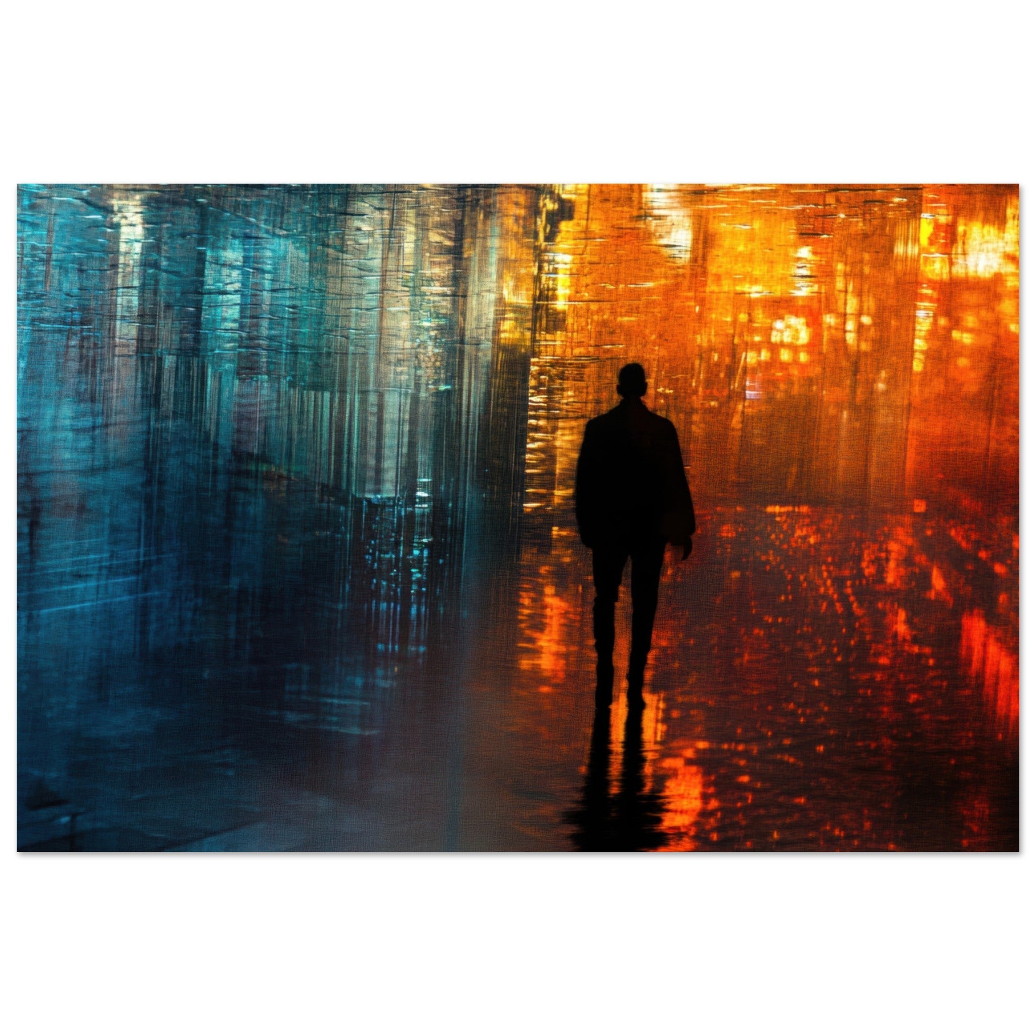 Aluminum Print Landscape - A lonely figure walks the rain - drenched streets - Shop Ai Art WebShop - Digital Art online Store