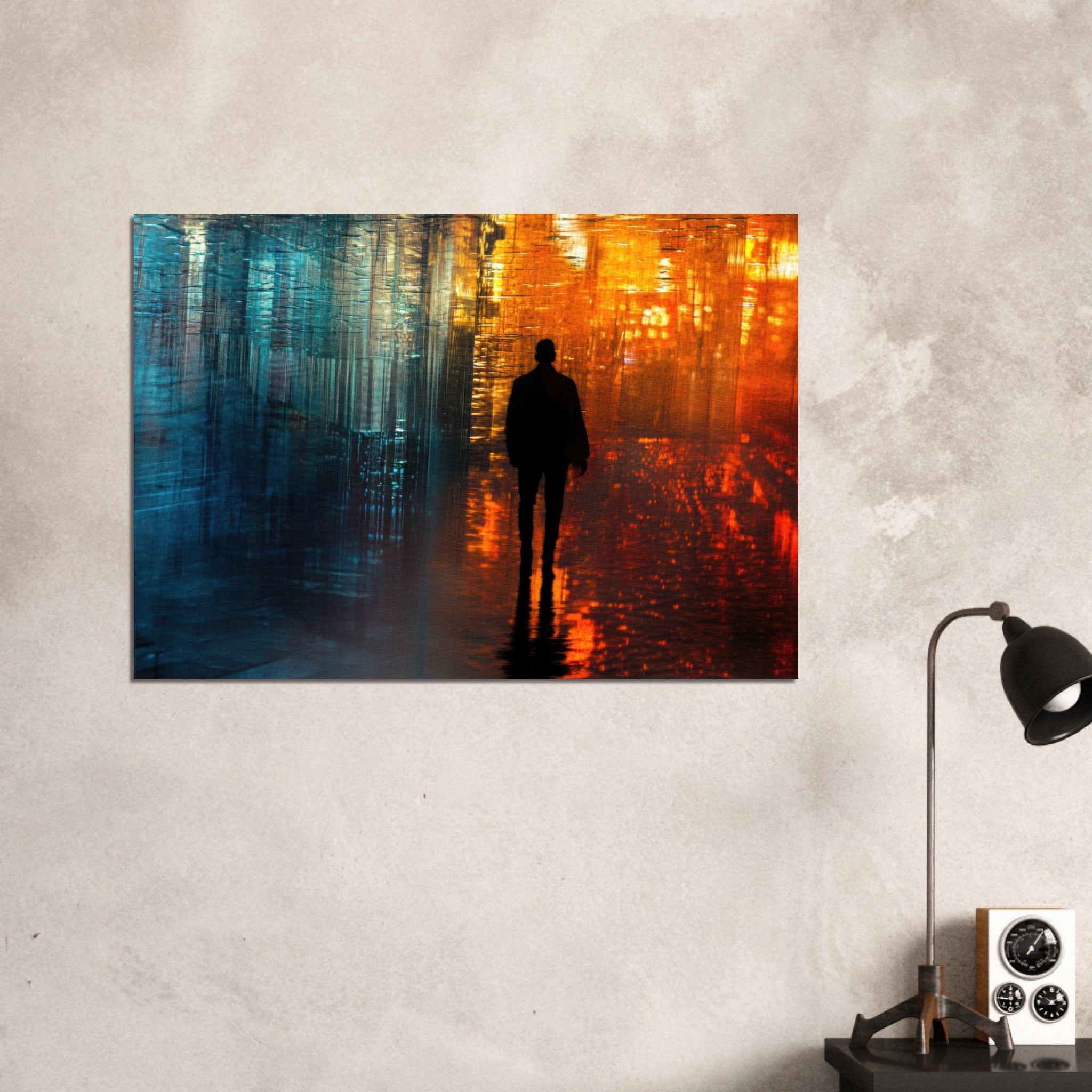 Aluminum Print Landscape - A lonely figure walks the rain - drenched streets - Shop Ai Art WebShop - Digital Art online Store