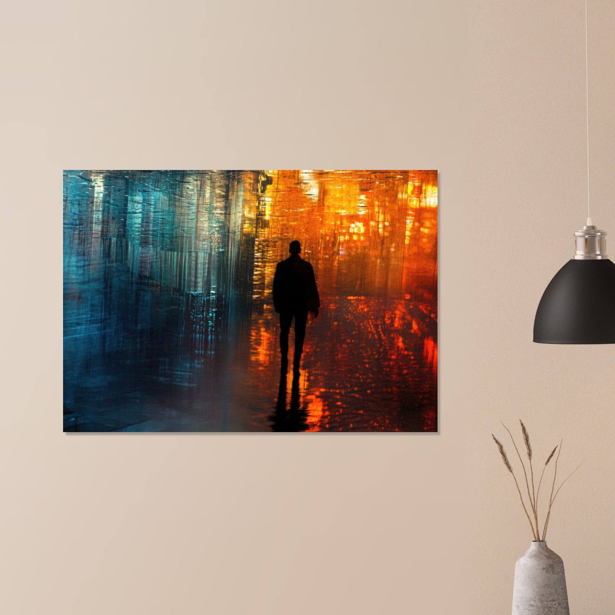 Aluminum Print Landscape - A lonely figure walks the rain - drenched streets - Shop Ai Art WebShop - Digital Art online Store