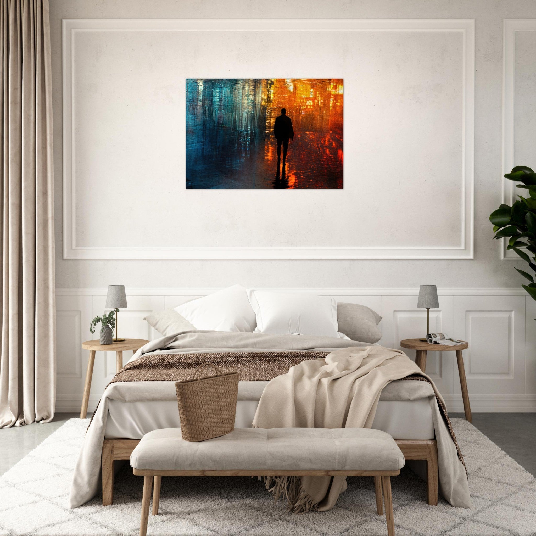 Aluminum Print Landscape - A lonely figure walks the rain - drenched streets - Shop Ai Art WebShop - Digital Art online Store