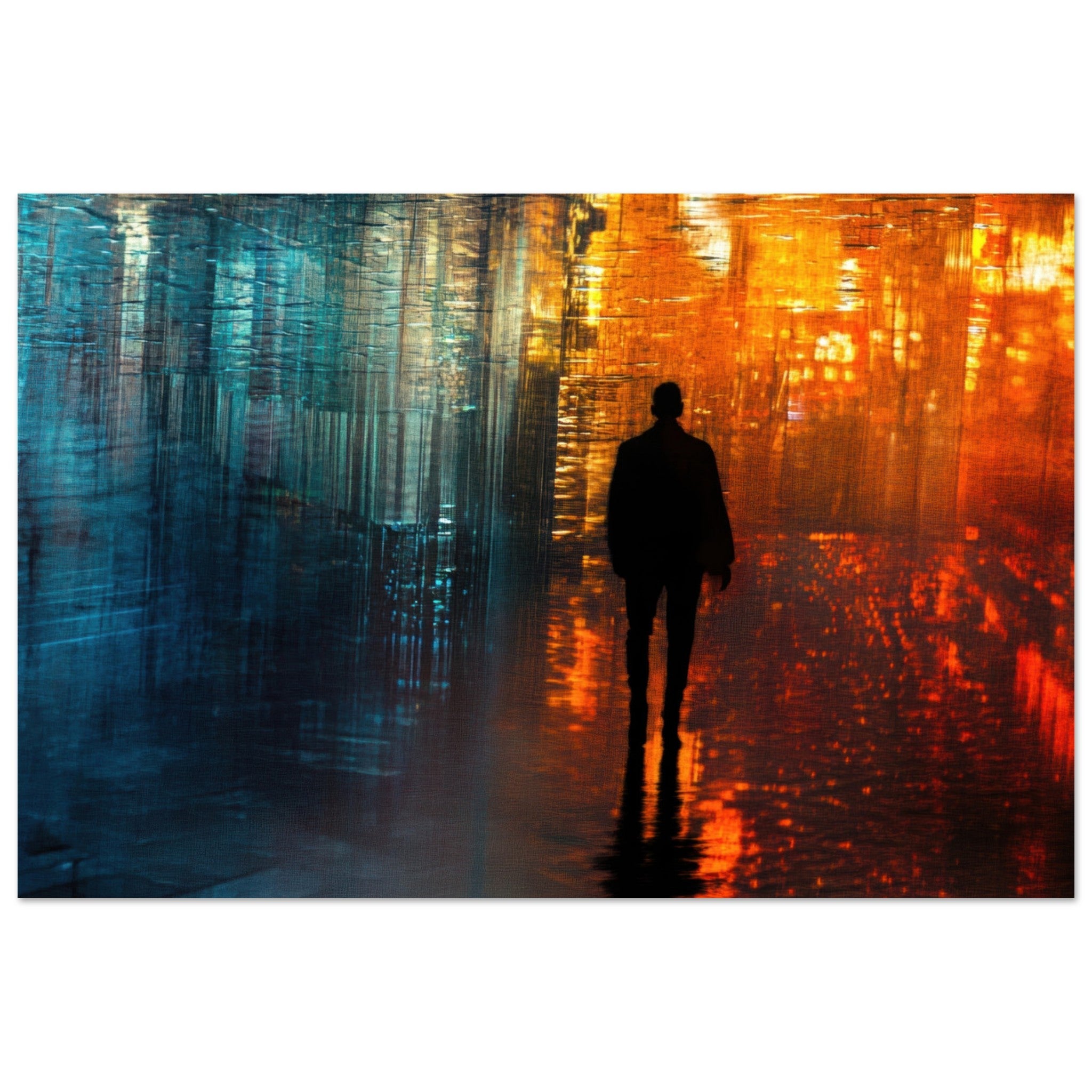 Aluminum Print Landscape - A lonely figure walks the rain - drenched streets - Shop Ai Art WebShop - Digital Art online Store
