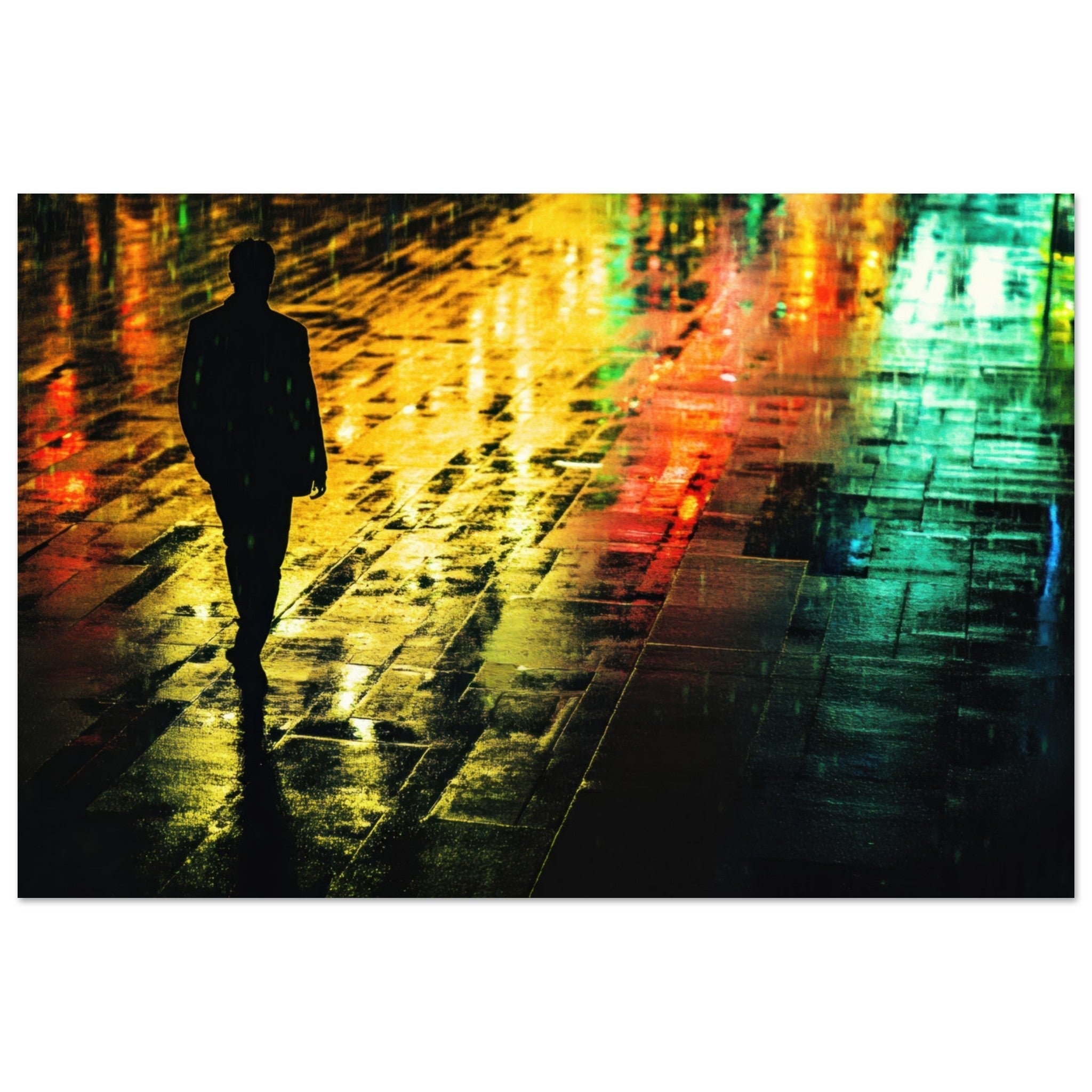 Aluminum Print Landscape - A man walks alone in the pouring rain his figure 2 - Shop Ai Art WebShop - Digital Art online Store