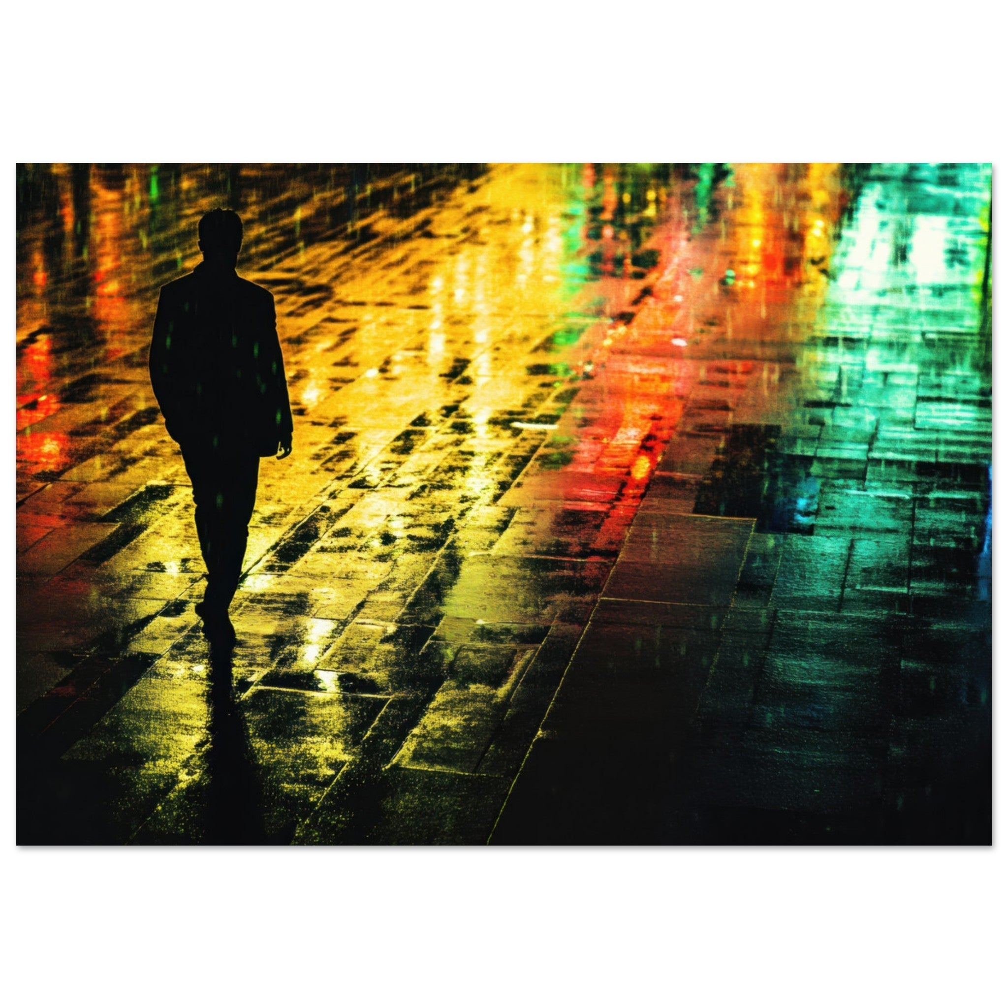 Aluminum Print Landscape - A man walks alone in the pouring rain his figure 2 - Shop Ai Art WebShop - Digital Art online Store