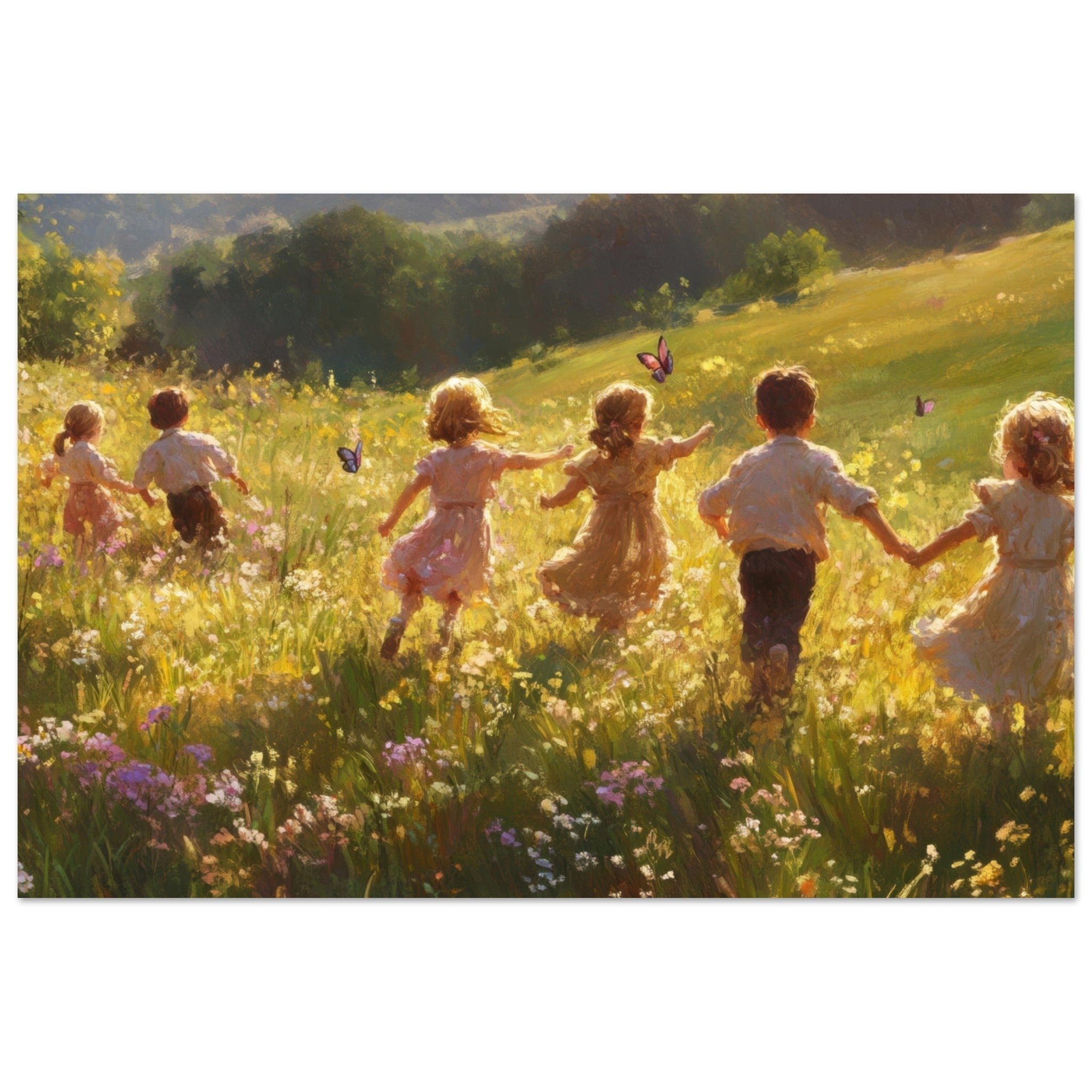 Aluminum Print Landscape - Children Playing in a Meadow A sunlit country - Shop Ai Art WebShop - Digital Art online Store