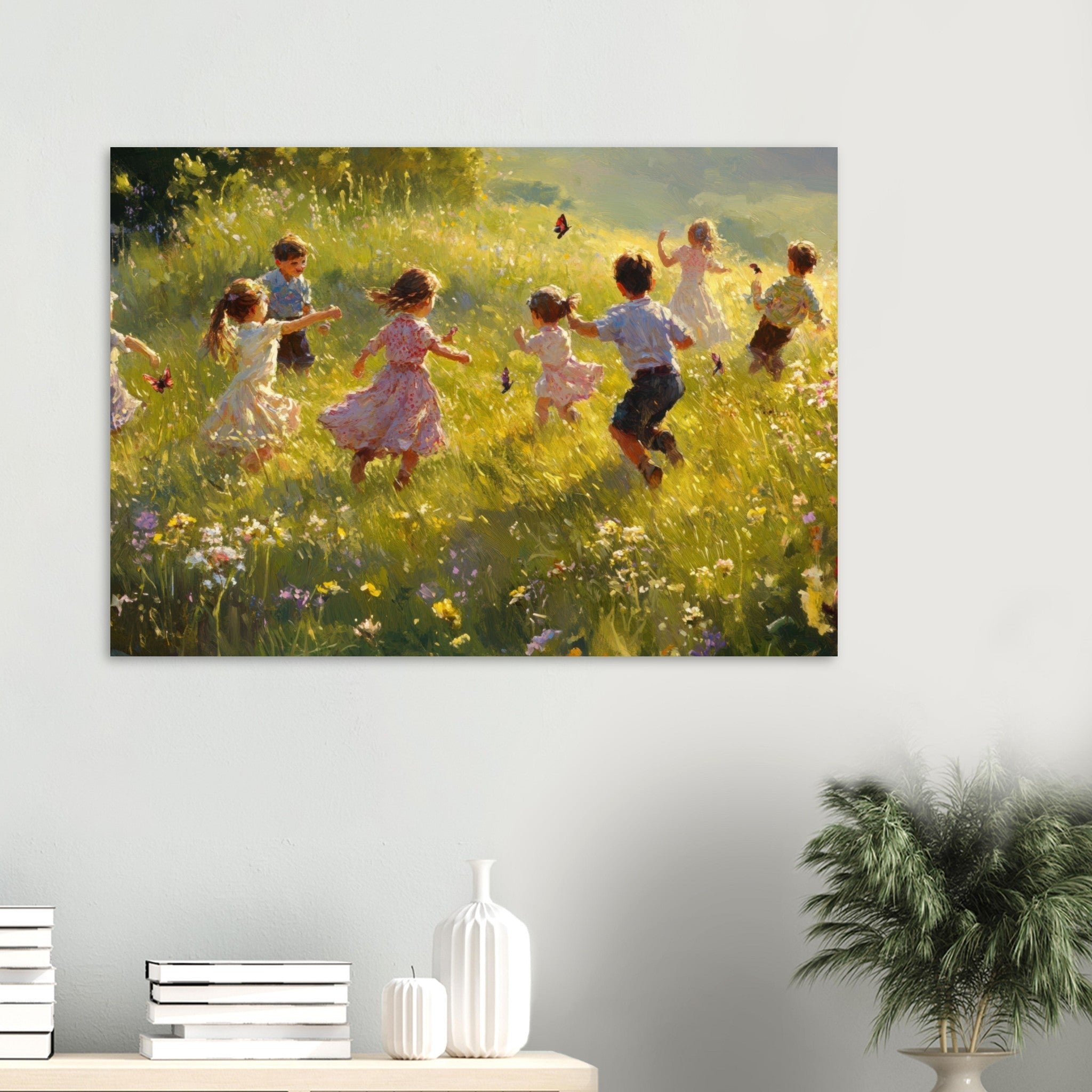Aluminum Print Landscape - Children Playing in a Meadow A sunlit country 2 - Shop Ai Art WebShop - Digital Art online Store