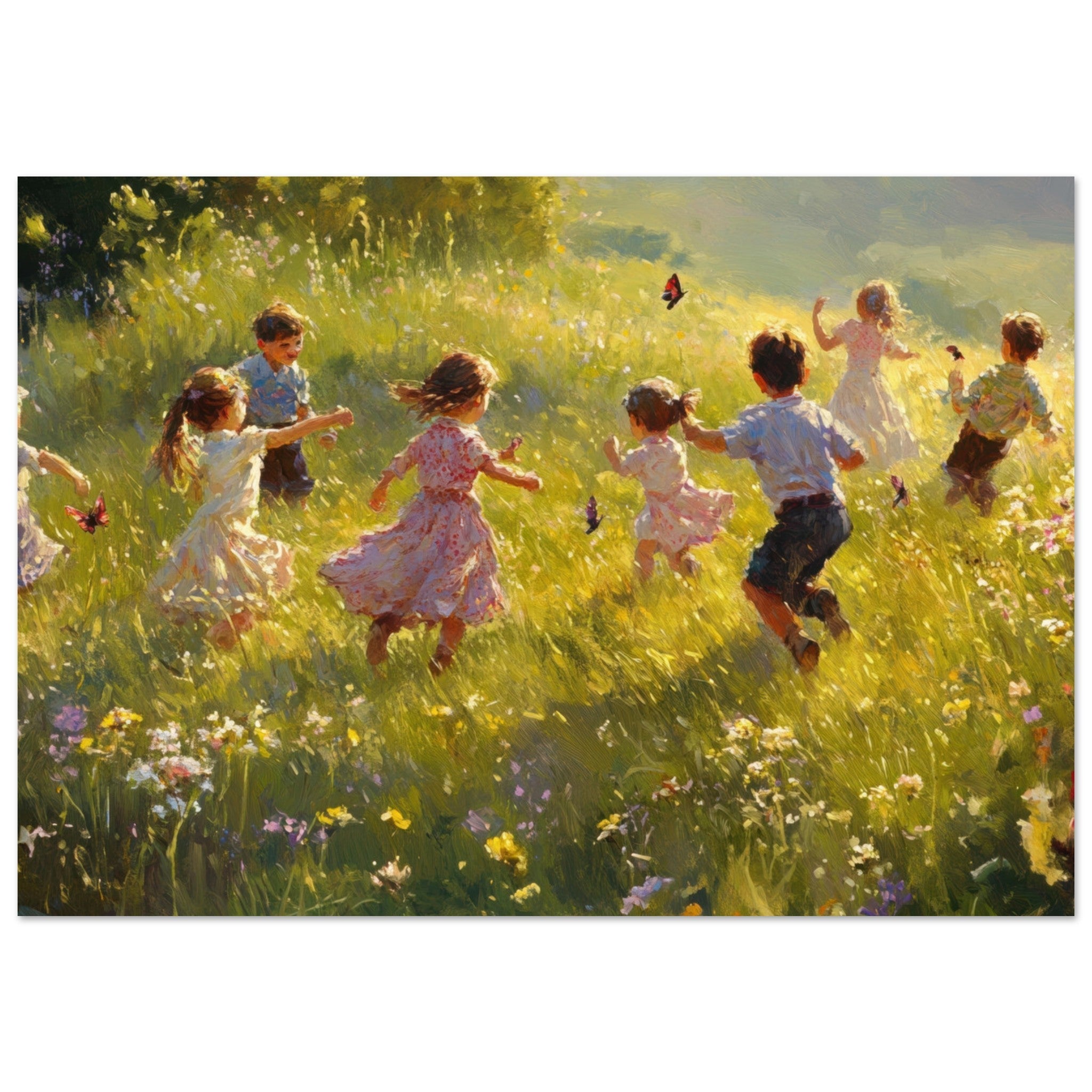 Aluminum Print Landscape - Children Playing in a Meadow A sunlit country 2 - Shop Ai Art WebShop - Digital Art online Store