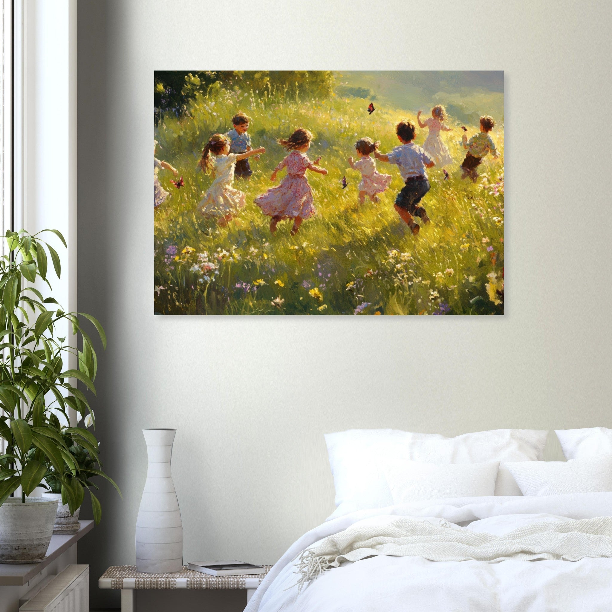Aluminum Print Landscape - Children Playing in a Meadow A sunlit country 2 - Shop Ai Art WebShop - Digital Art online Store