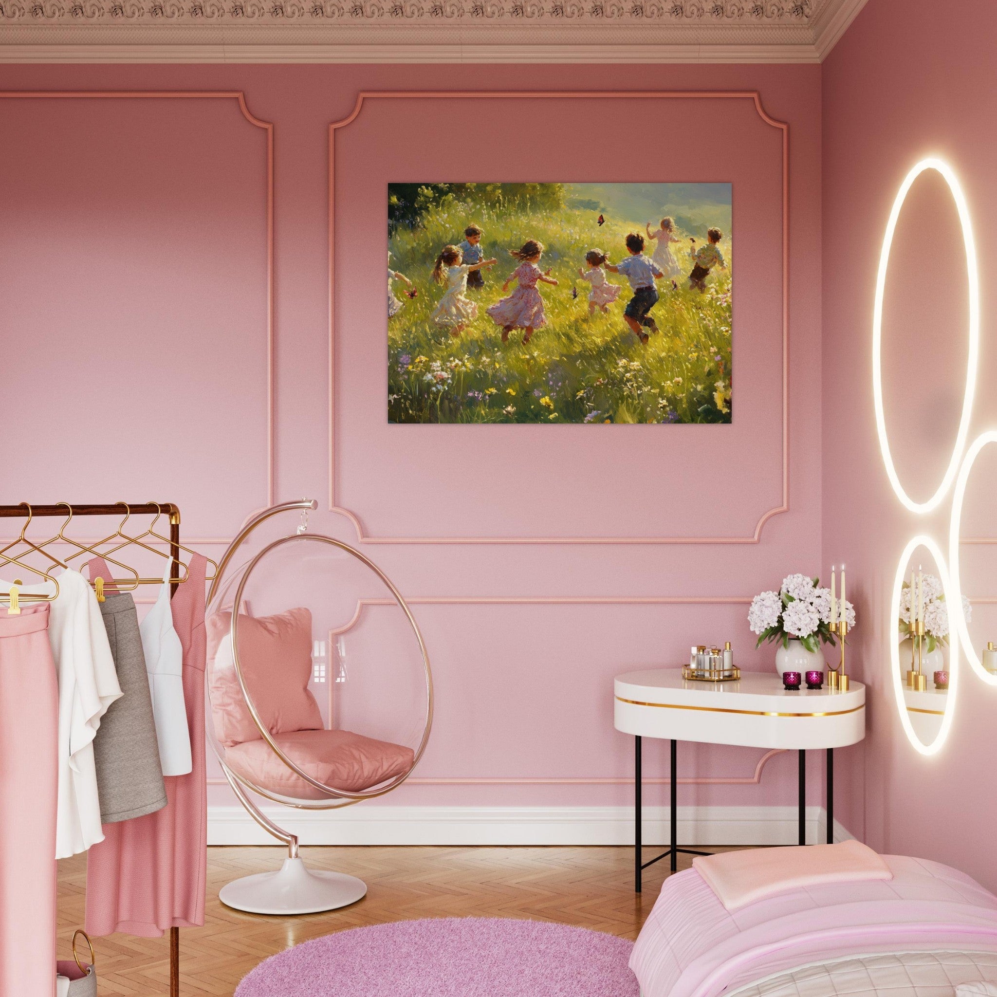 Aluminum Print Landscape - Children Playing in a Meadow A sunlit country 2 - Shop Ai Art WebShop - Digital Art online Store