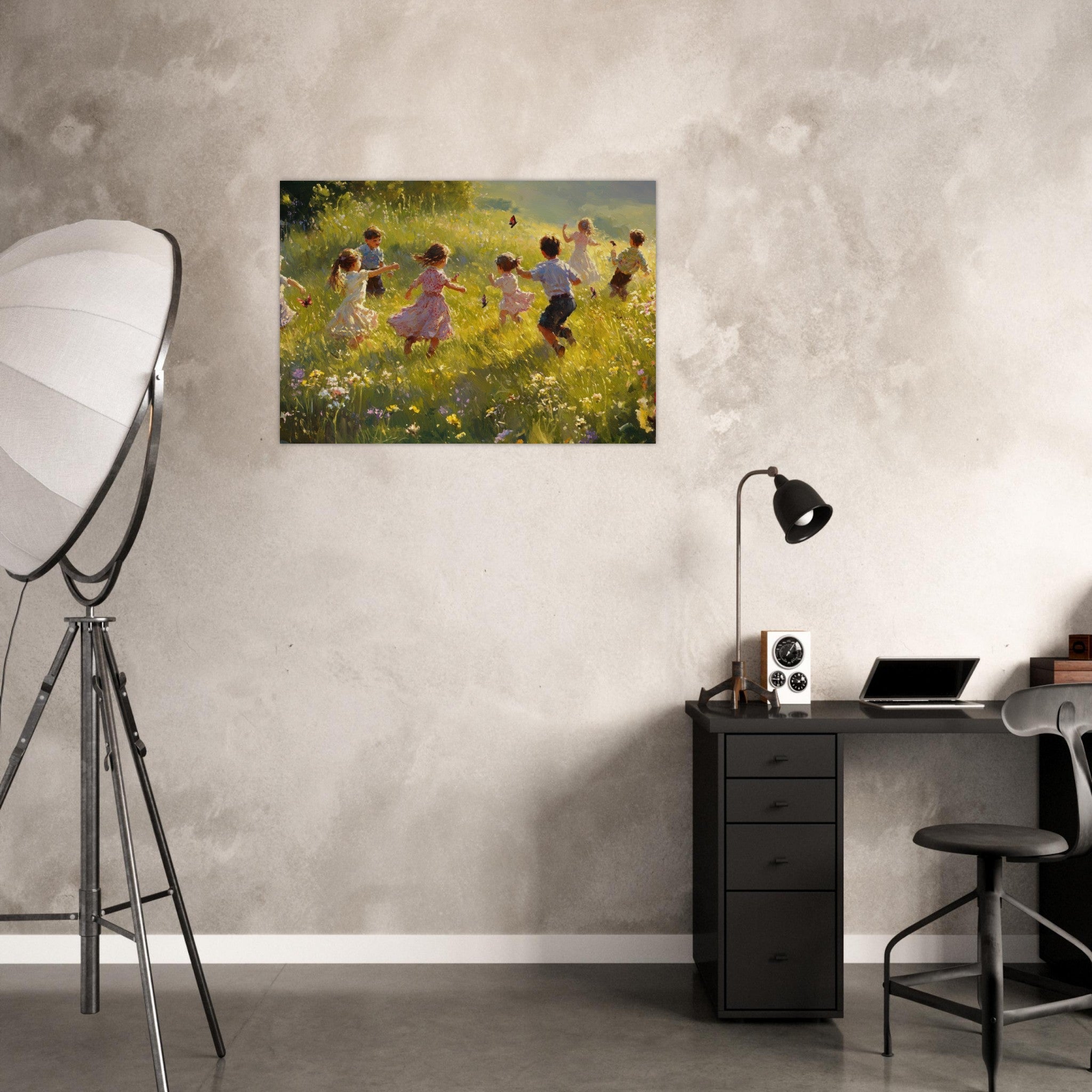 Aluminum Print Landscape - Children Playing in a Meadow A sunlit country 2 - Shop Ai Art WebShop - Digital Art online Store