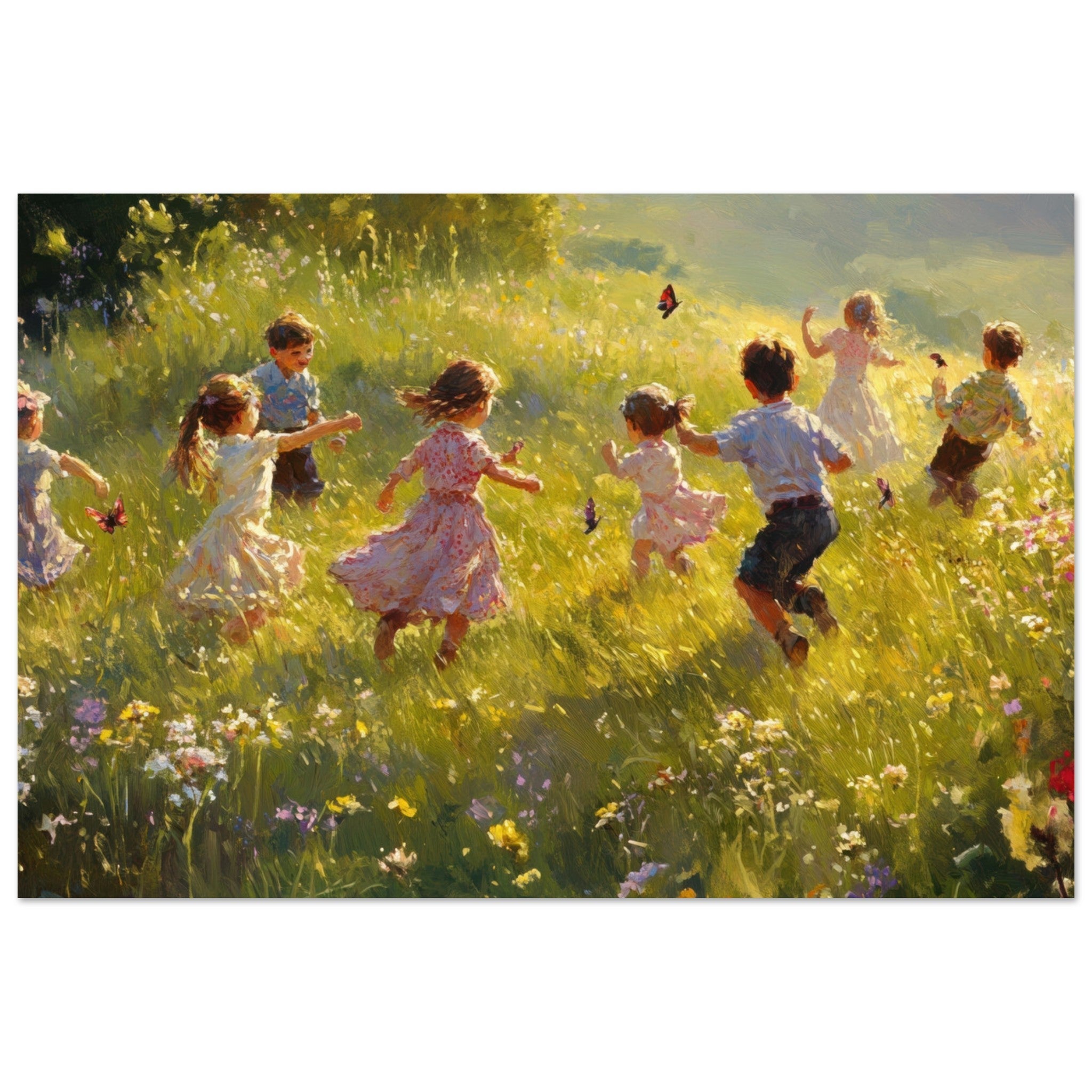 Aluminum Print Landscape - Children Playing in a Meadow A sunlit country 2 - Shop Ai Art WebShop - Digital Art online Store