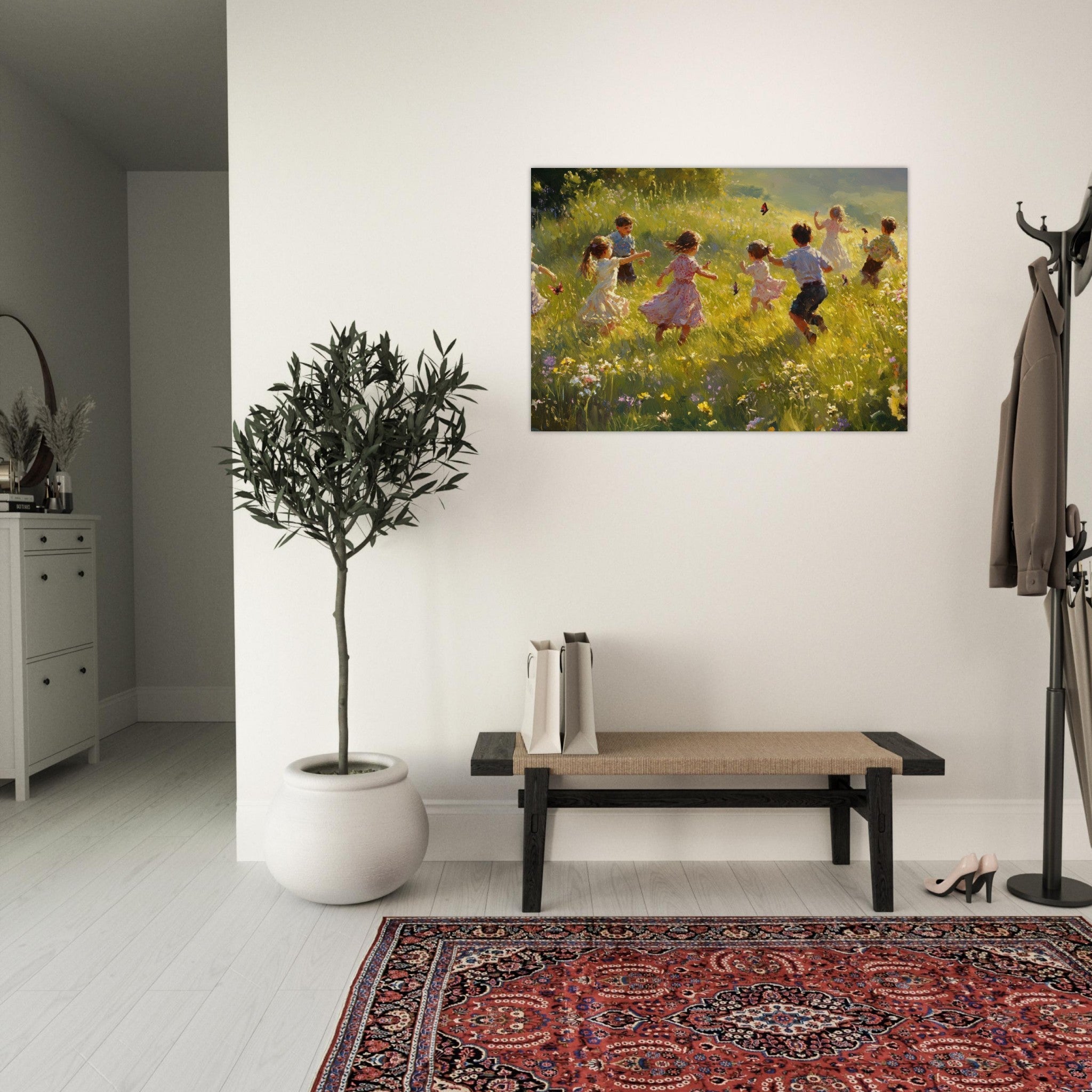 Aluminum Print Landscape - Children Playing in a Meadow A sunlit country 2 - Shop Ai Art WebShop - Digital Art online Store
