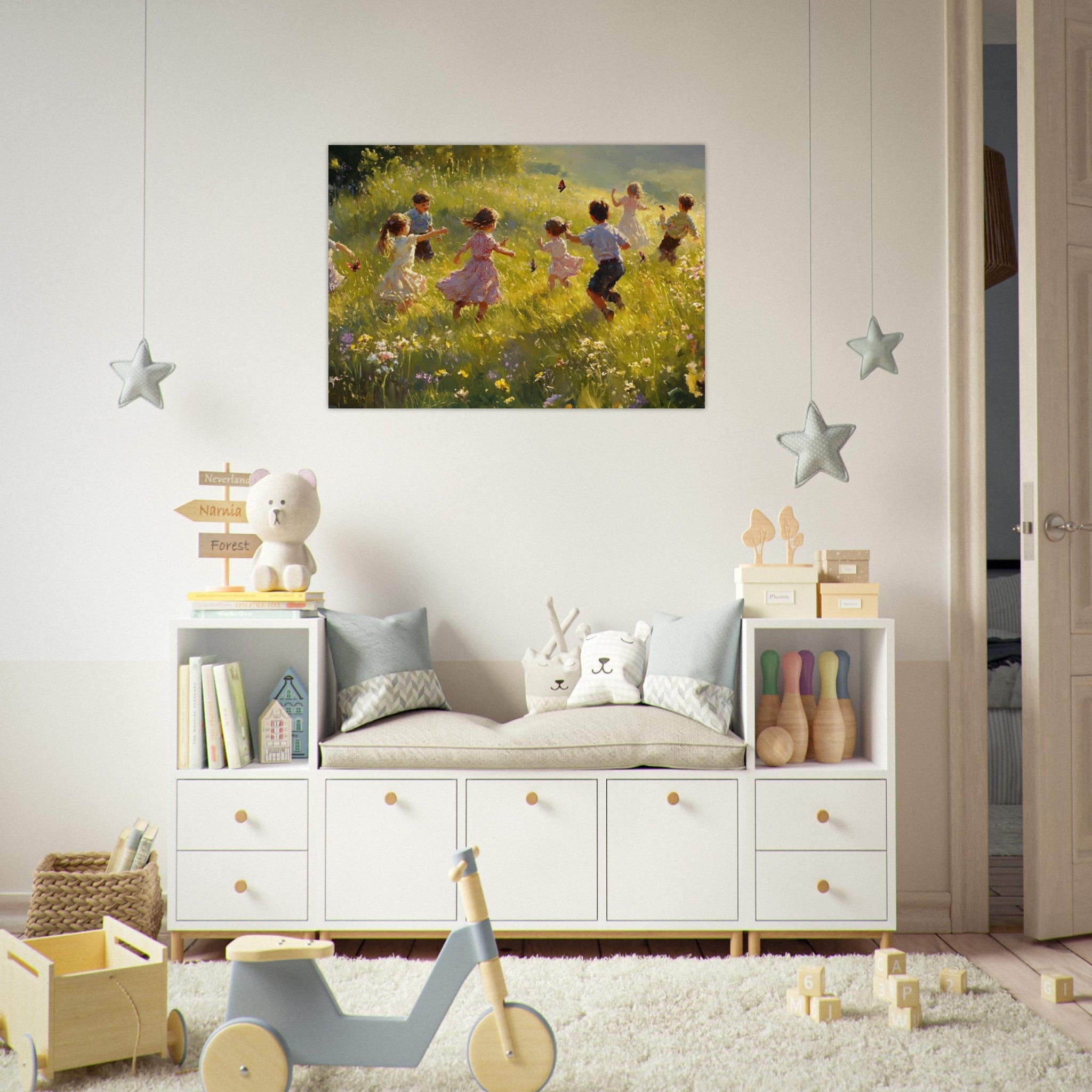 Aluminum Print Landscape - Children Playing in a Meadow A sunlit country 2 - Shop Ai Art WebShop - Digital Art online Store