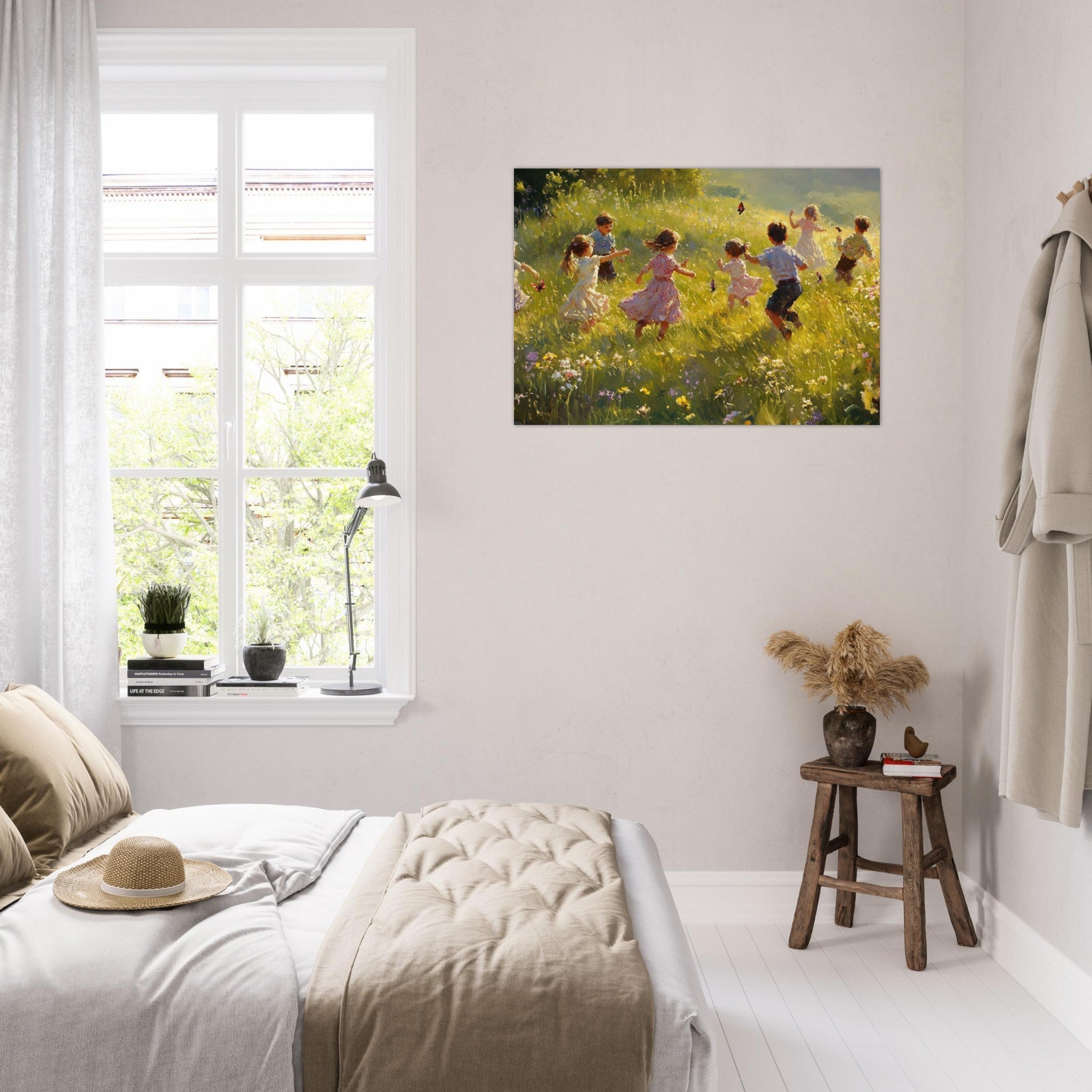 Aluminum Print Landscape - Children Playing in a Meadow A sunlit country 2 - Shop Ai Art WebShop - Digital Art online Store