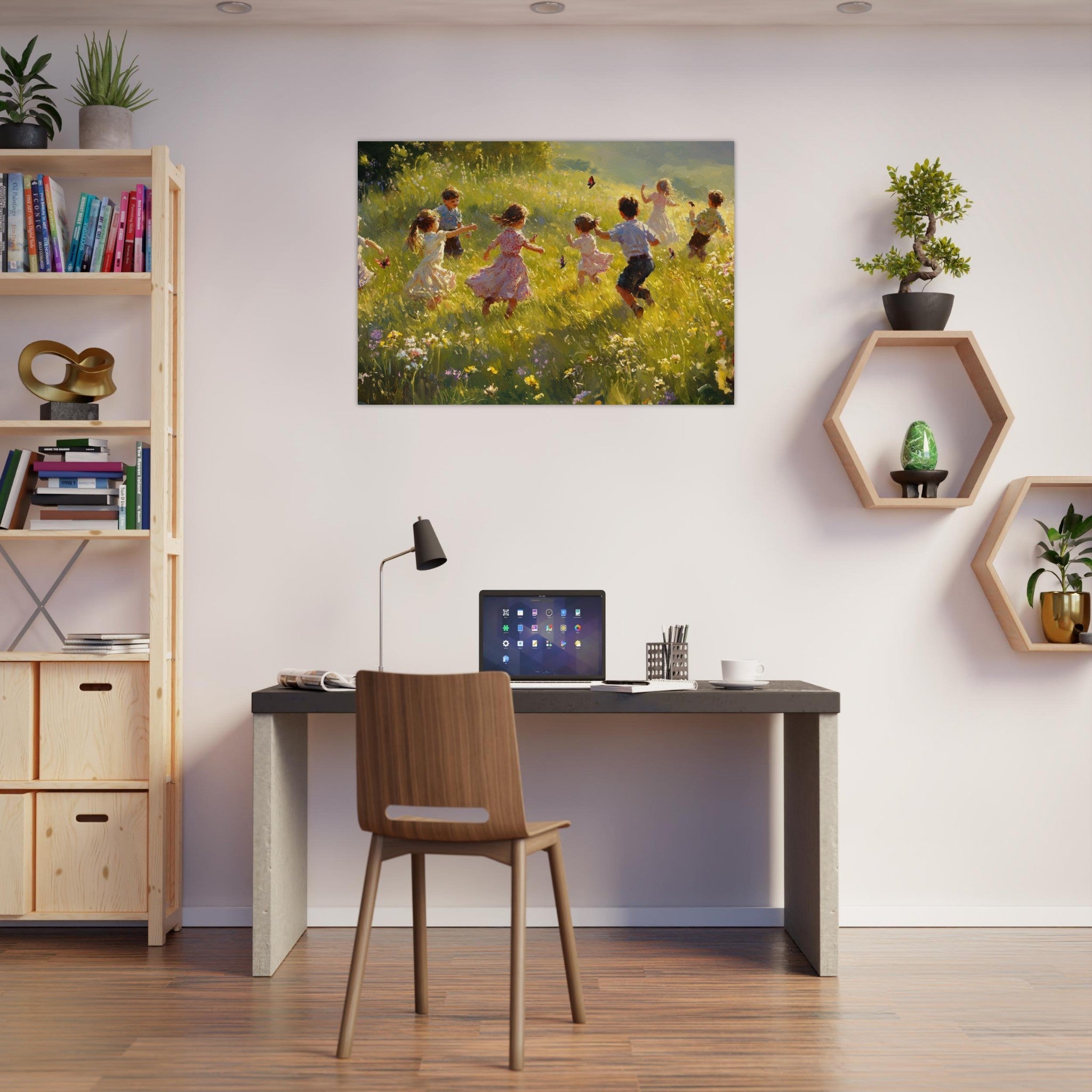Aluminum Print Landscape - Children Playing in a Meadow A sunlit country 2 - Shop Ai Art WebShop - Digital Art online Store