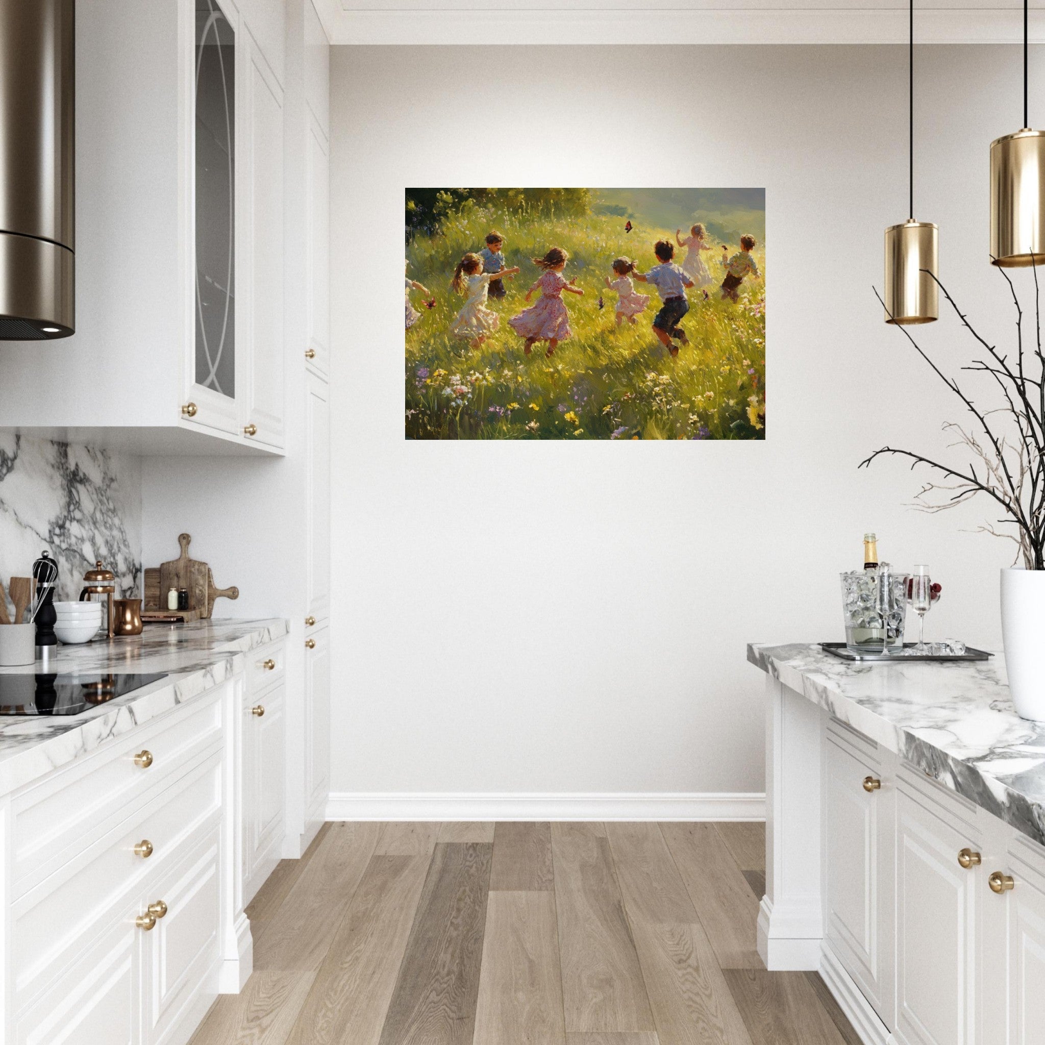 Aluminum Print Landscape - Children Playing in a Meadow A sunlit country 2 - Shop Ai Art WebShop - Digital Art online Store