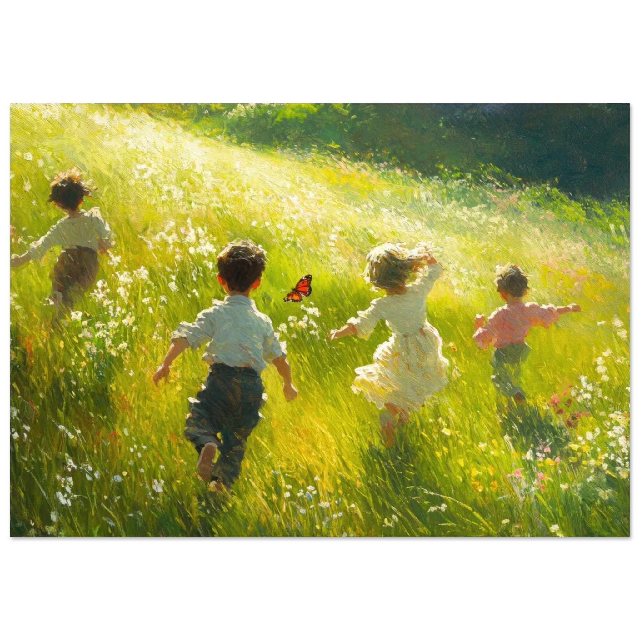 Aluminum Print Landscape - Children Playing in a Meadow A sunlit country 3 - Shop Ai Art WebShop - Digital Art online Store