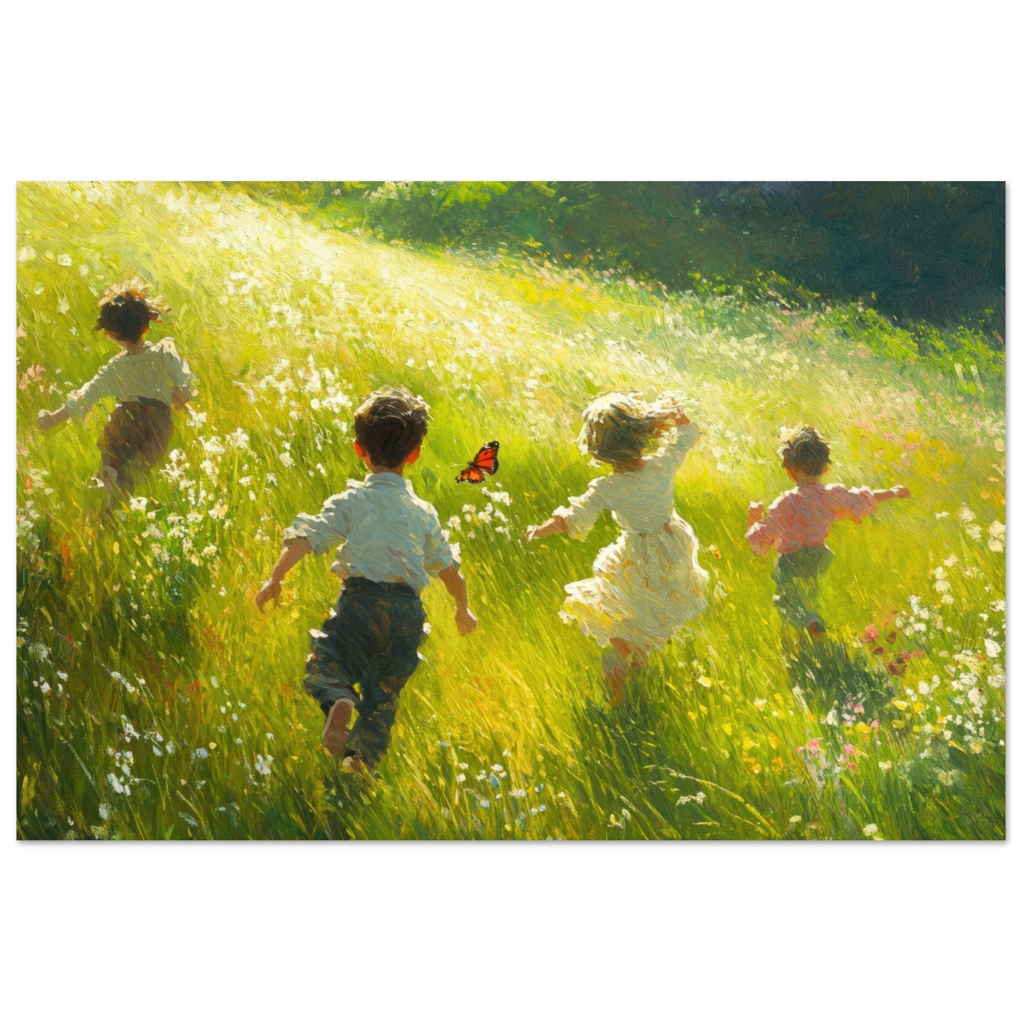 Aluminum Print Landscape - Children Playing in a Meadow A sunlit country 3 - Shop Ai Art WebShop - Digital Art online Store