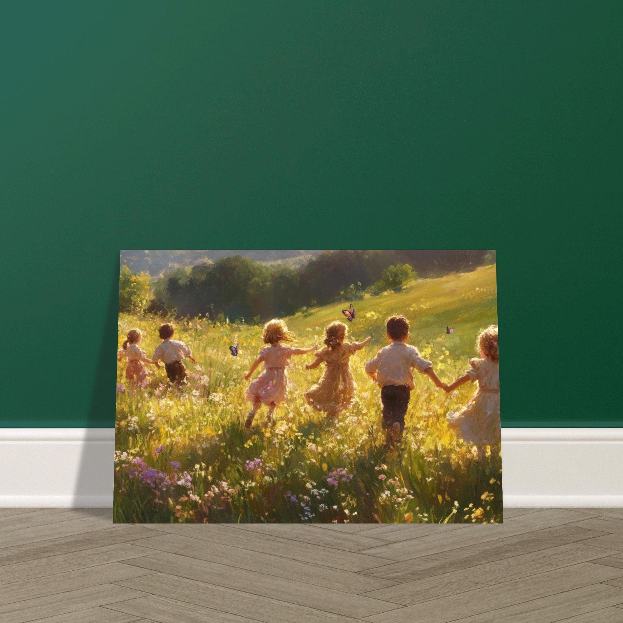 Aluminum Print Landscape - Children Playing in a Meadow A sunlit country - Shop Ai Art WebShop - Digital Art online Store