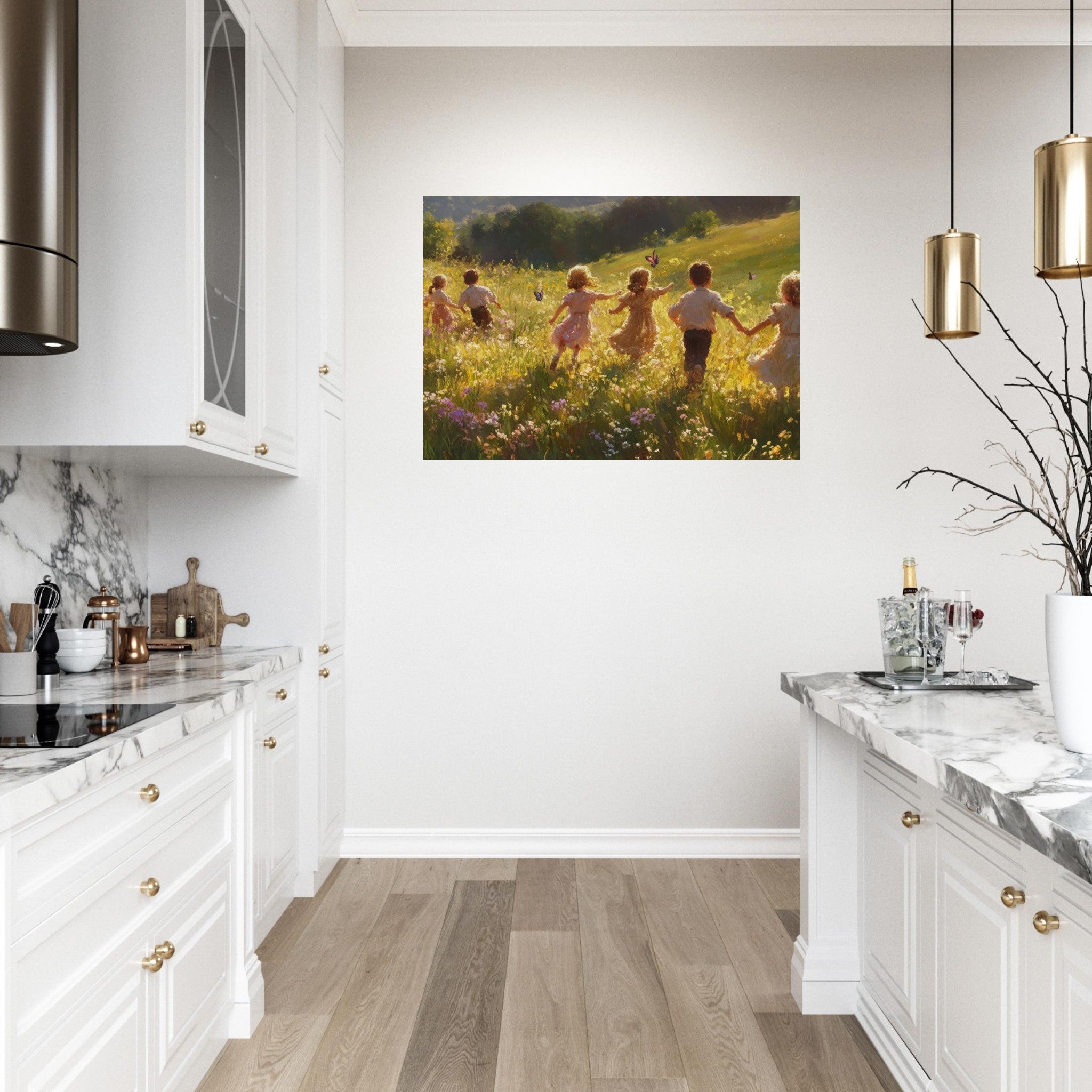 Aluminum Print Landscape - Children Playing in a Meadow A sunlit country - Shop Ai Art WebShop - Digital Art online Store