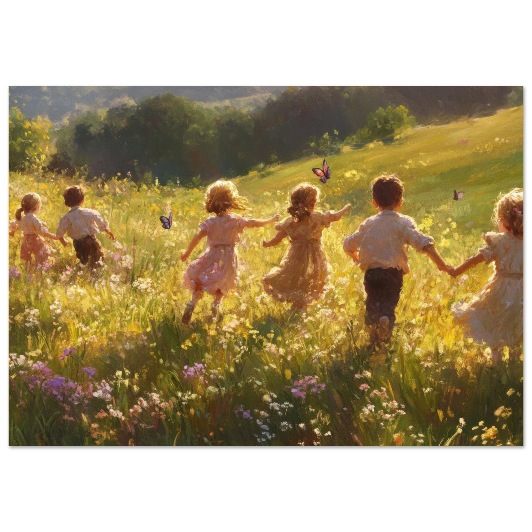 Aluminum Print Landscape - Children Playing in a Meadow A sunlit country - Shop Ai Art WebShop - Digital Art online Store