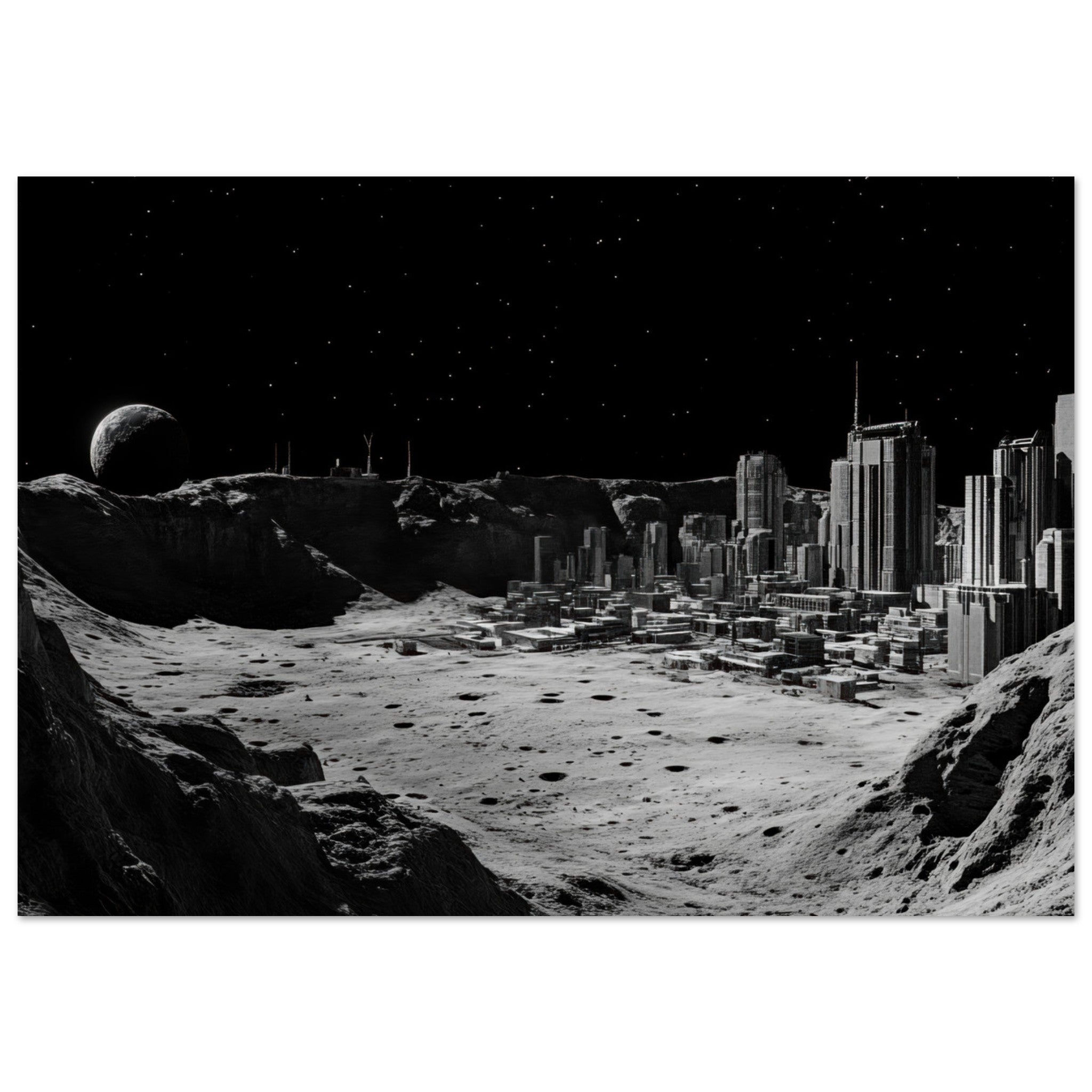 Aluminum Print Landscape - Crater City on a Dead Moon A sprawling city built - Shop Ai Art WebShop - Digital Art online Store