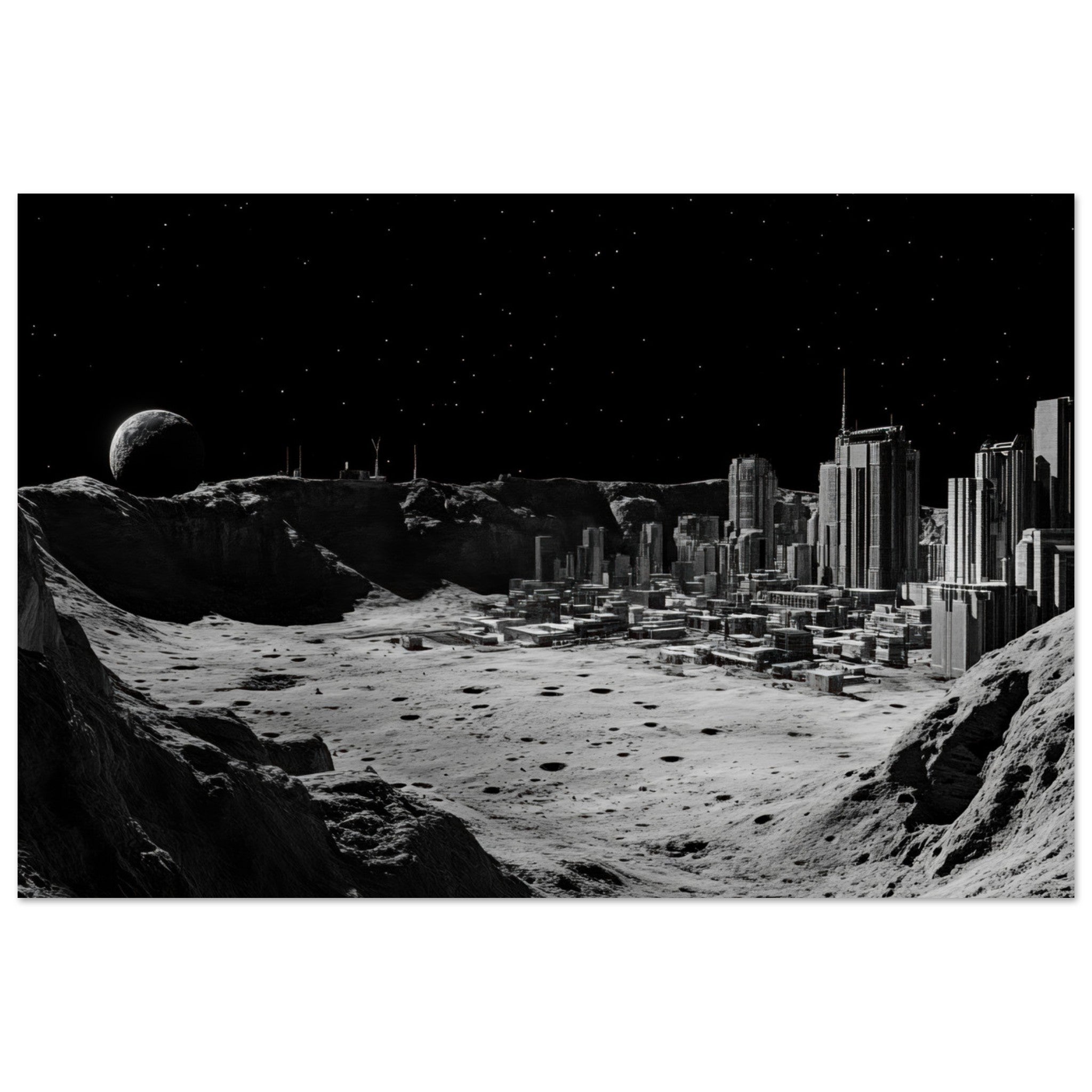 Aluminum Print Landscape - Crater City on a Dead Moon A sprawling city built - Shop Ai Art WebShop - Digital Art online Store