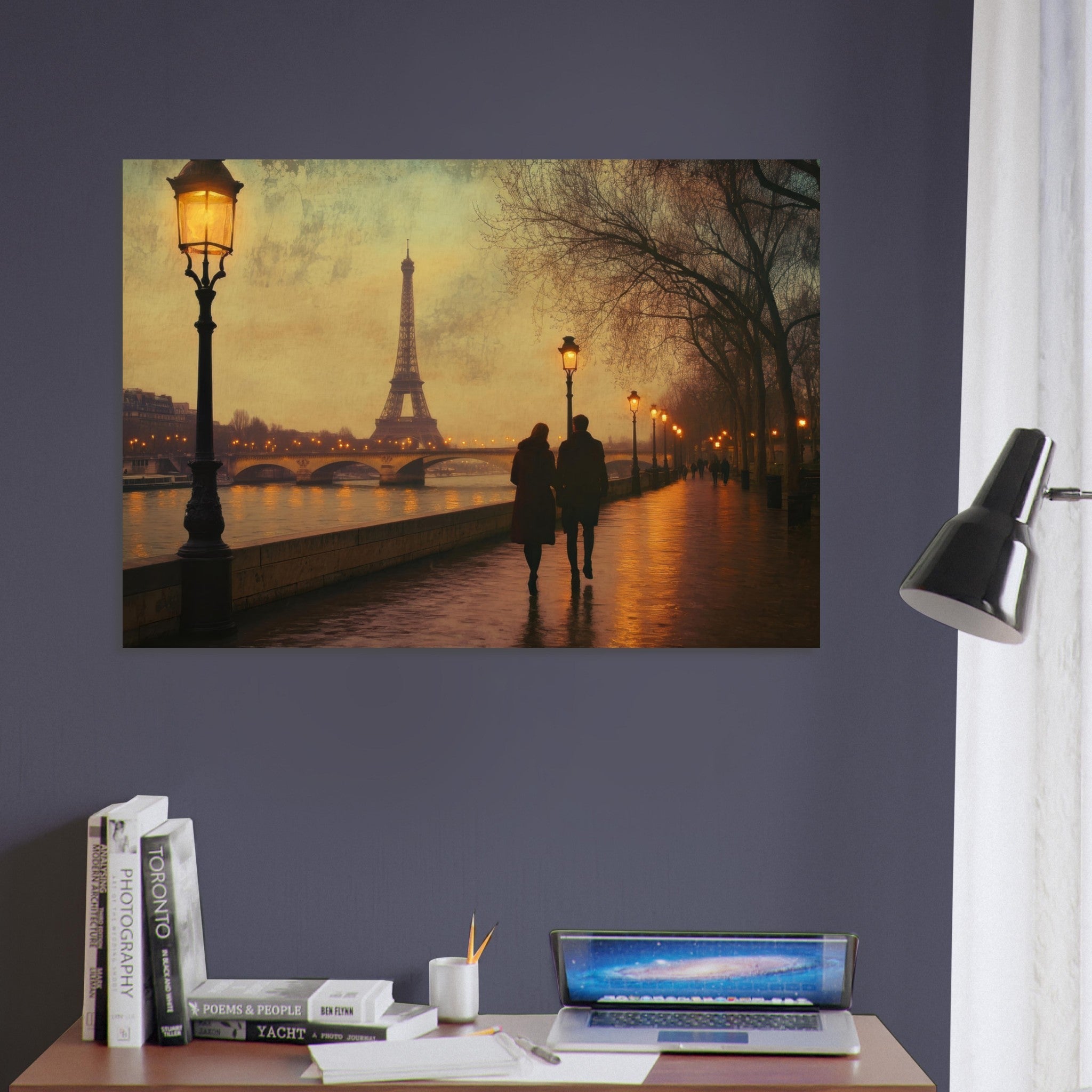 Aluminum Print Landscape - Evening Stroll Along the Seine A romantic river 2 - Shop Ai Art WebShop - Digital Art online Store