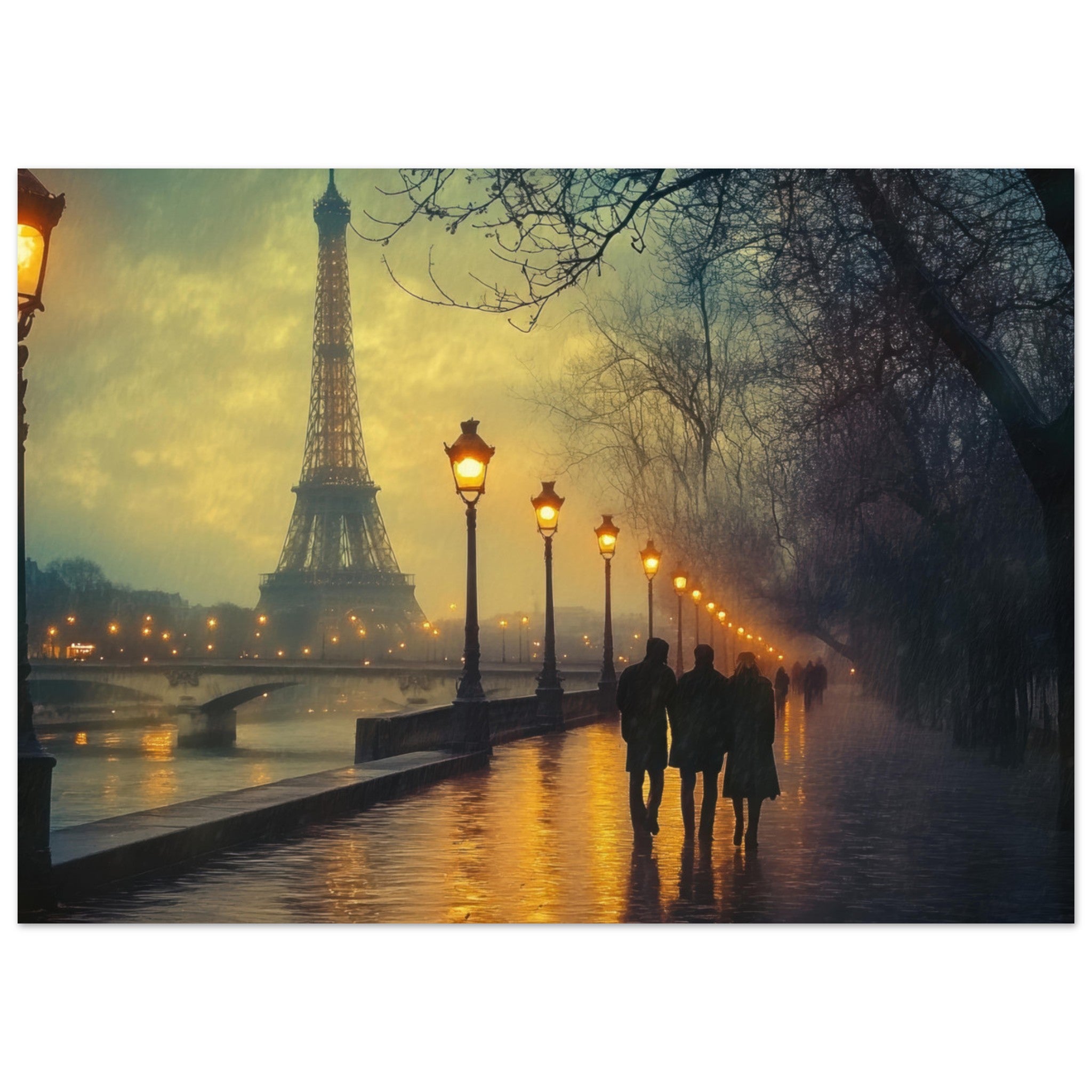 Aluminum Print Landscape - Evening Stroll Along the Seine A romantic river - Shop Ai Art WebShop - Digital Art online Store