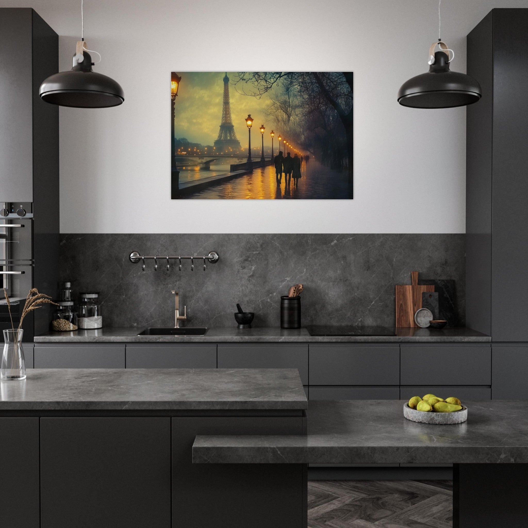 Aluminum Print Landscape - Evening Stroll Along the Seine A romantic river - Shop Ai Art WebShop - Digital Art online Store