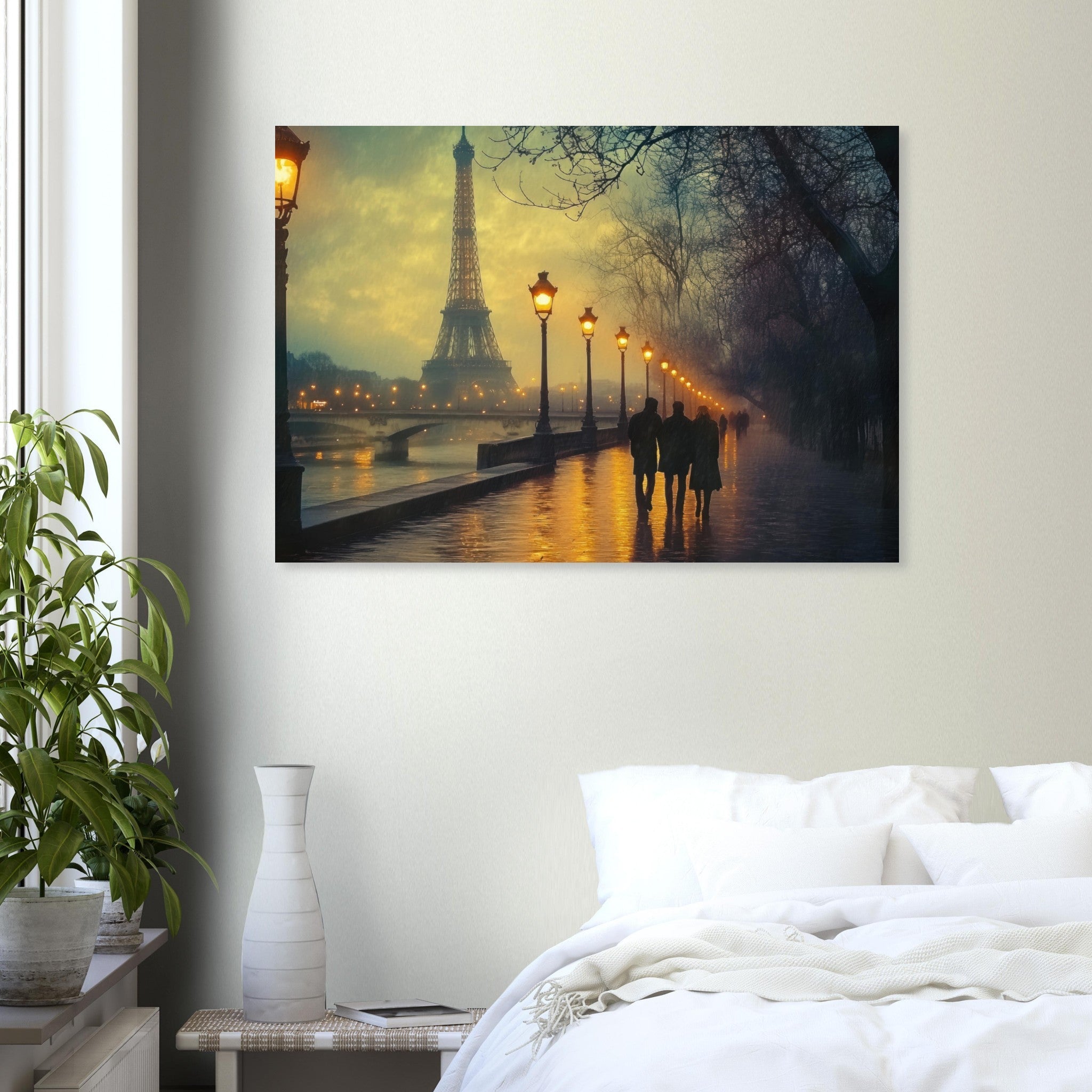 Aluminum Print Landscape - Evening Stroll Along the Seine A romantic river - Shop Ai Art WebShop - Digital Art online Store