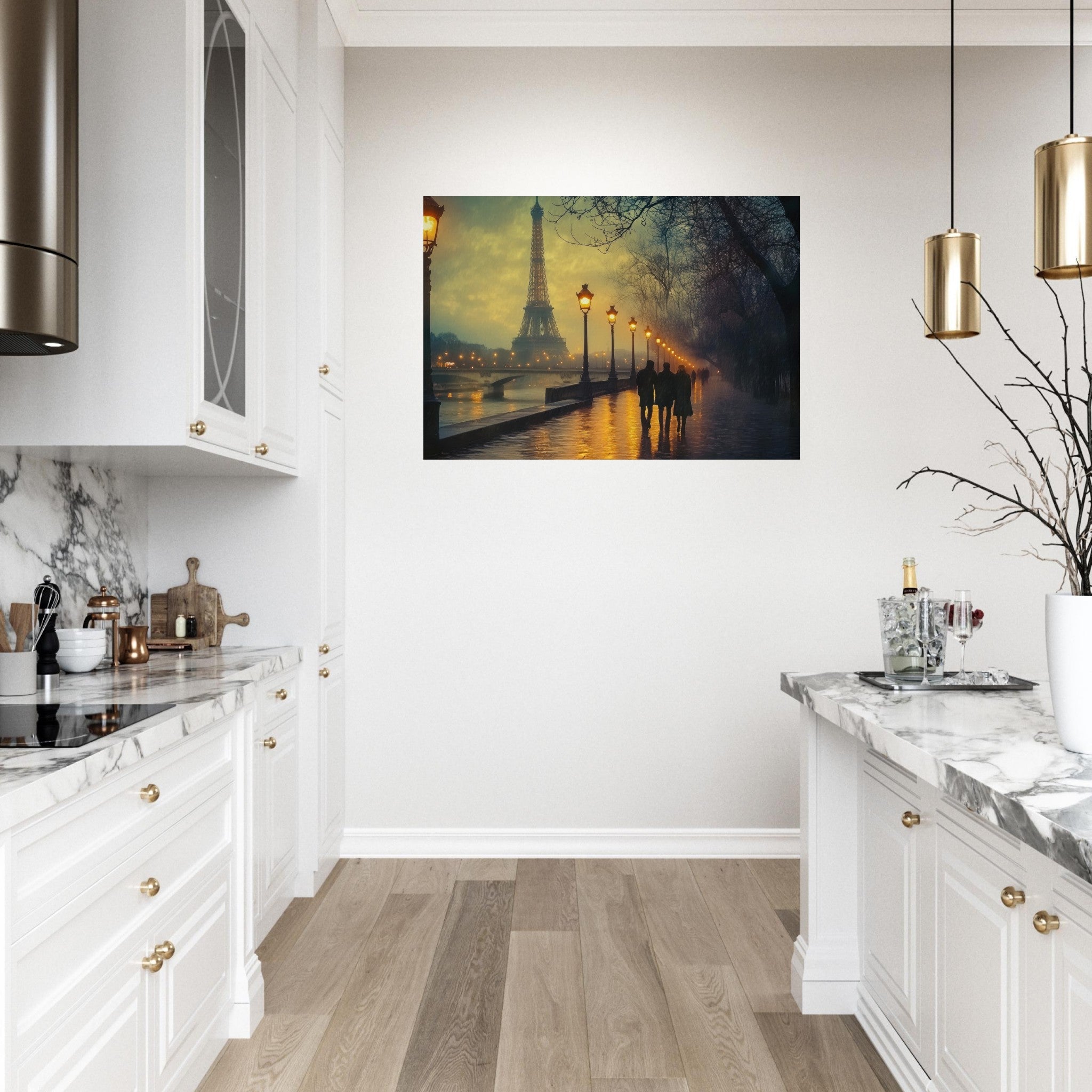 Aluminum Print Landscape - Evening Stroll Along the Seine A romantic river - Shop Ai Art WebShop - Digital Art online Store
