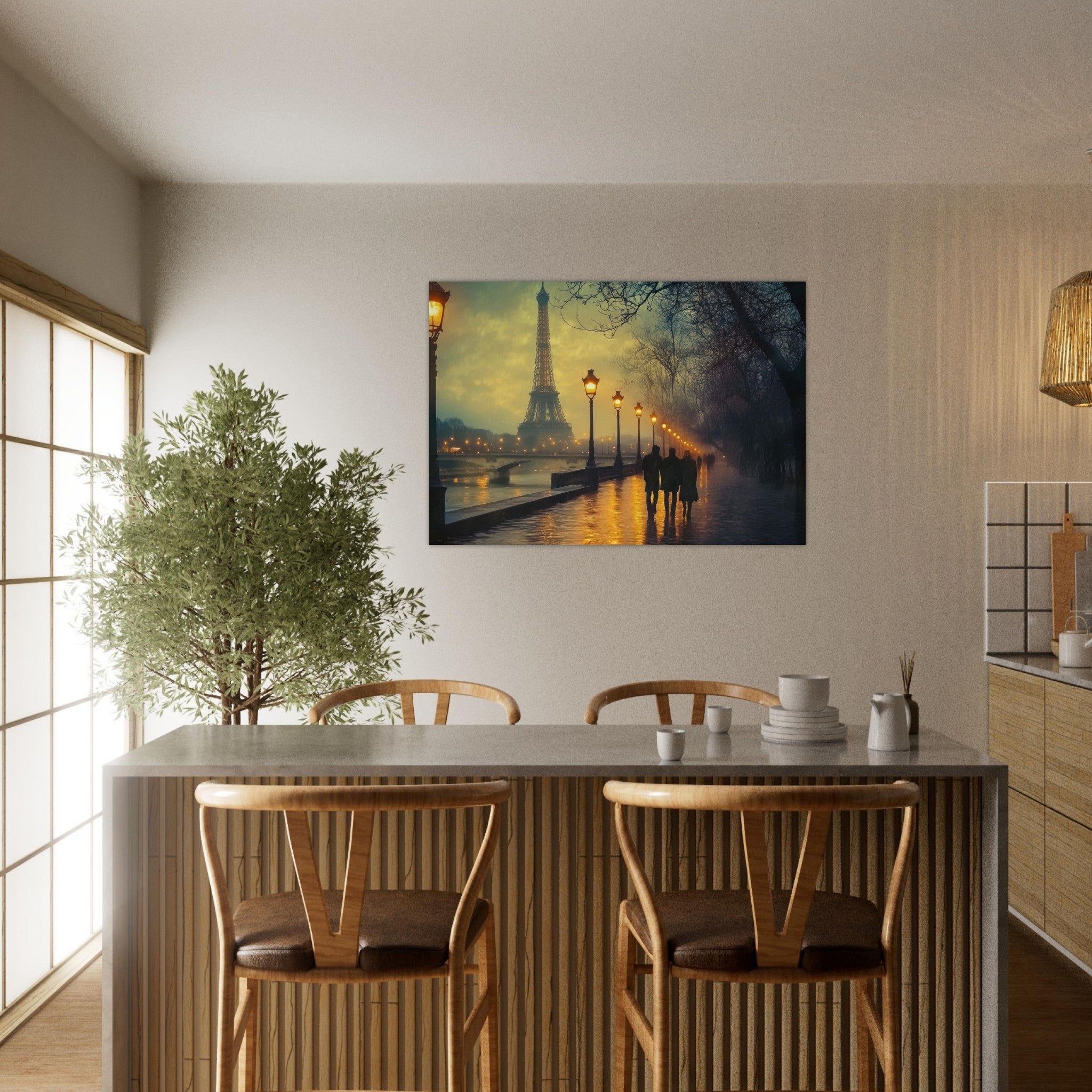 Aluminum Print Landscape - Evening Stroll Along the Seine A romantic river - Shop Ai Art WebShop - Digital Art online Store