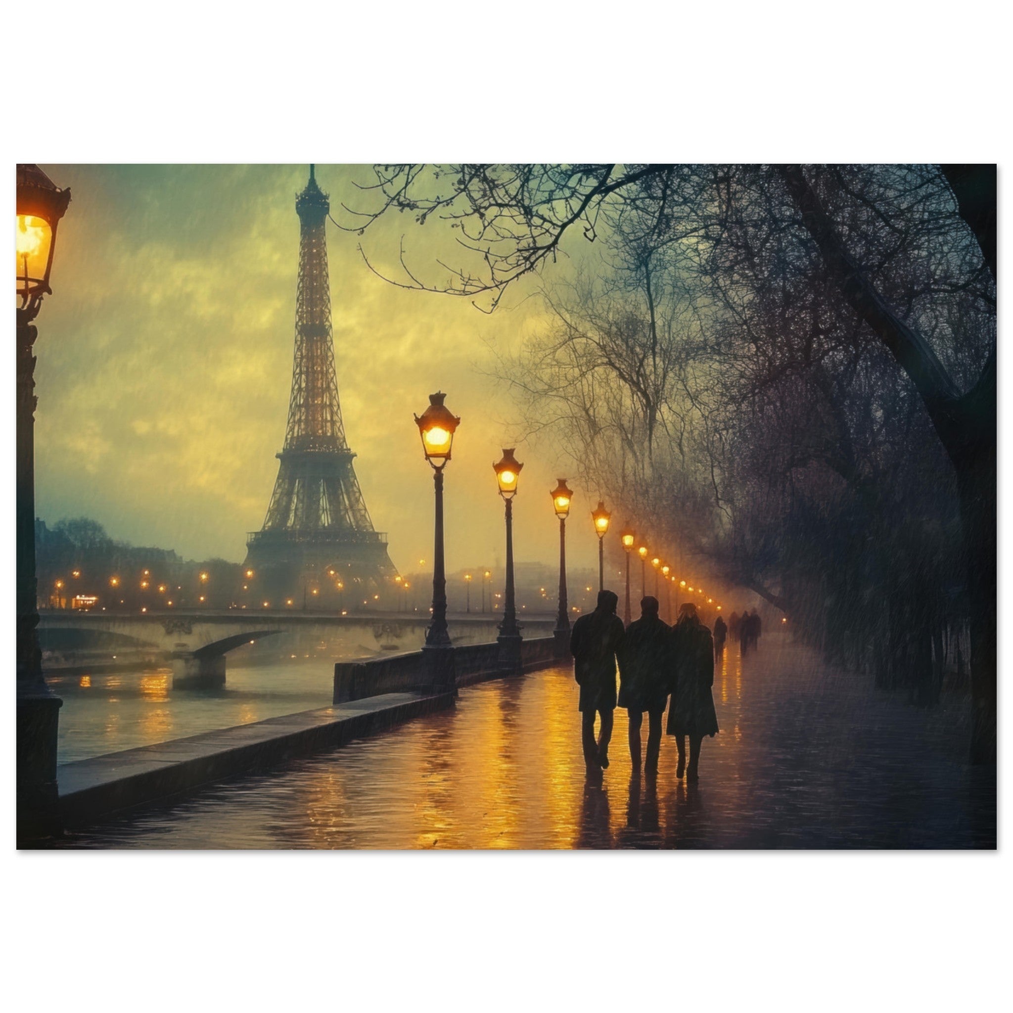 Aluminum Print Landscape - Evening Stroll Along the Seine A romantic river - Shop Ai Art WebShop - Digital Art online Store