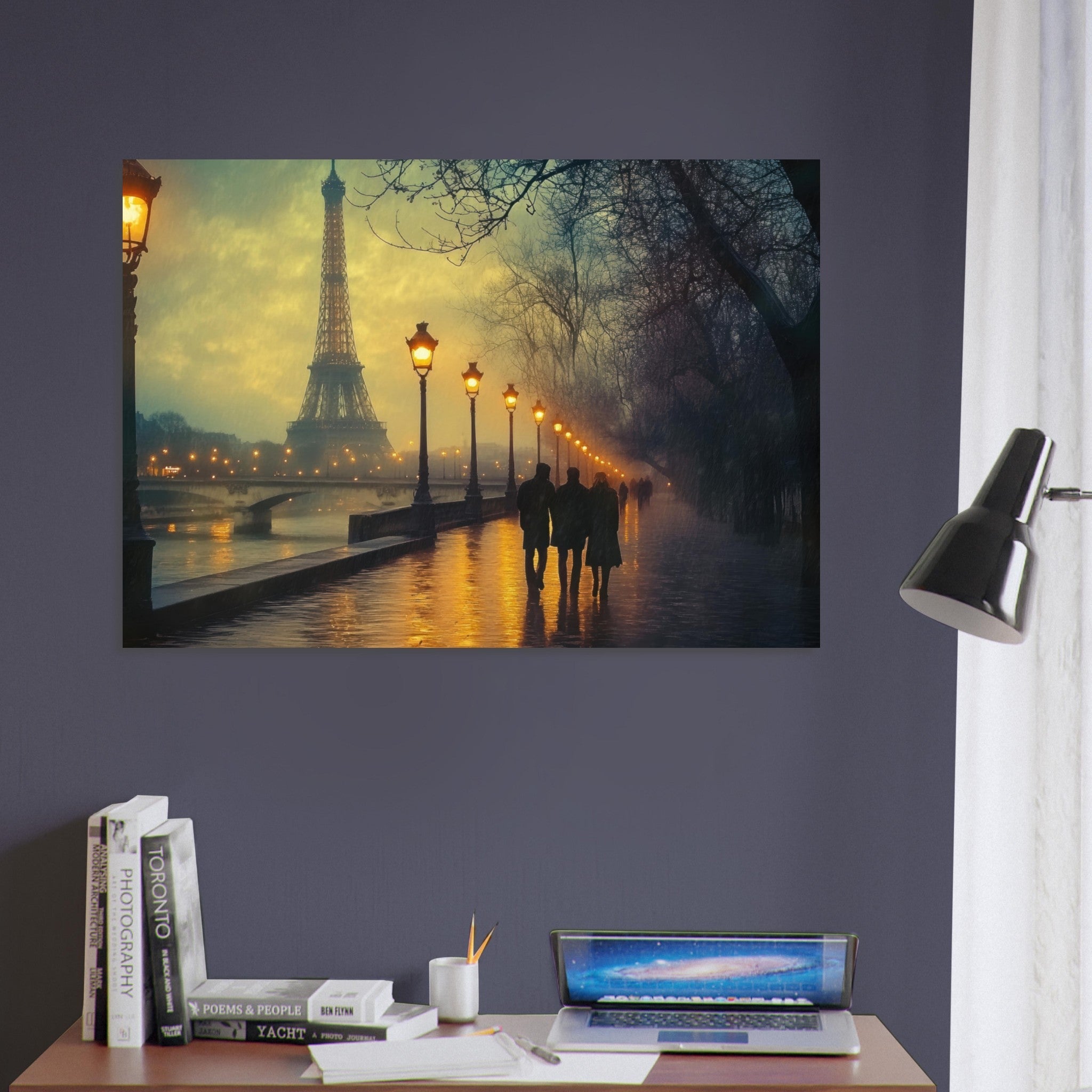 Aluminum Print Landscape - Evening Stroll Along the Seine A romantic river - Shop Ai Art WebShop - Digital Art online Store