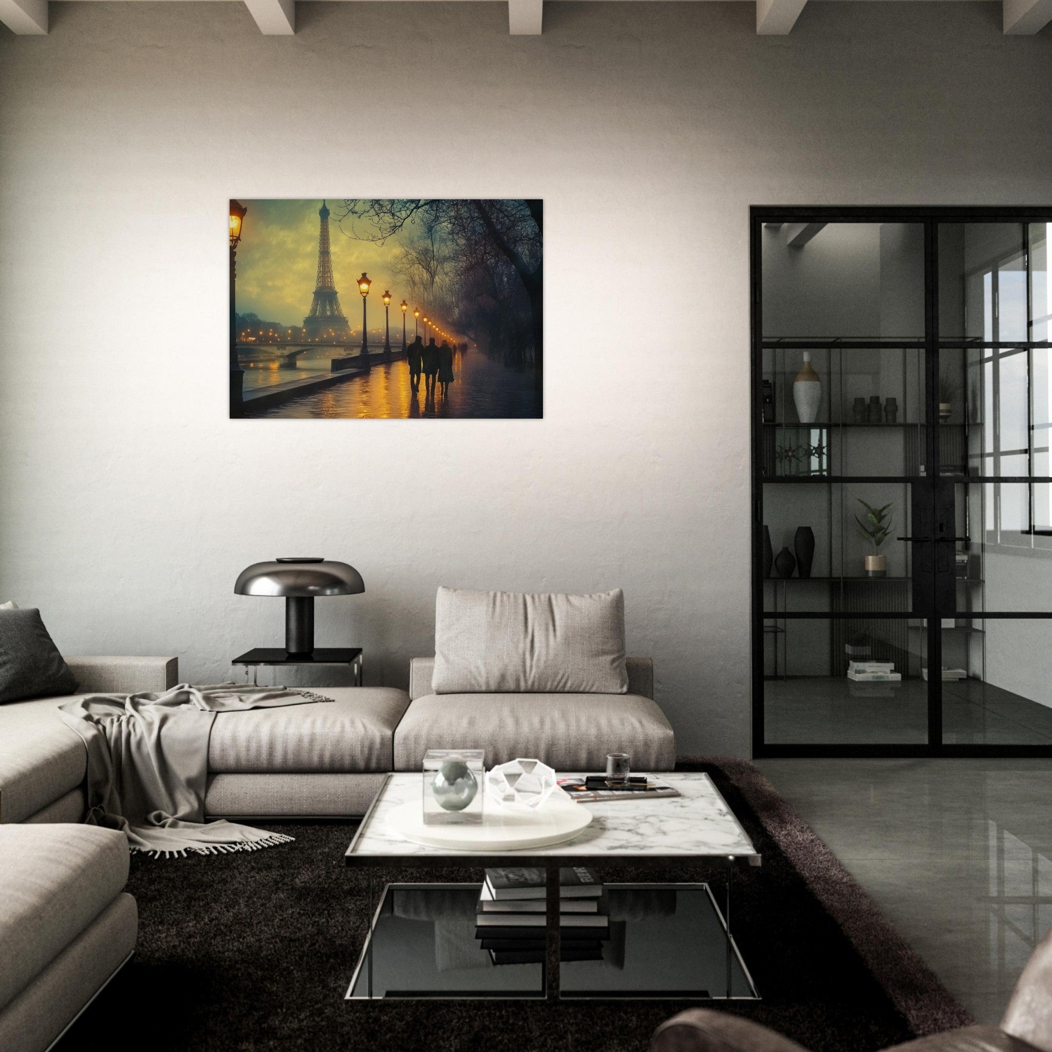 Aluminum Print Landscape - Evening Stroll Along the Seine A romantic river - Shop Ai Art WebShop - Digital Art online Store